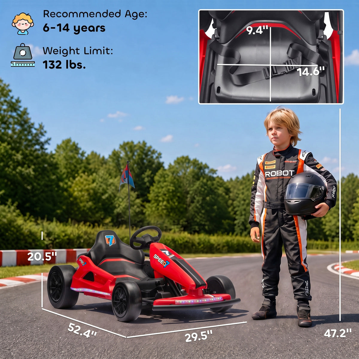 24V Electric Drift Go Kart for Kids with Dual Motors, Soft Start, PU Wheels, 7.5MPH High Speed, for Ages 6-14, Red