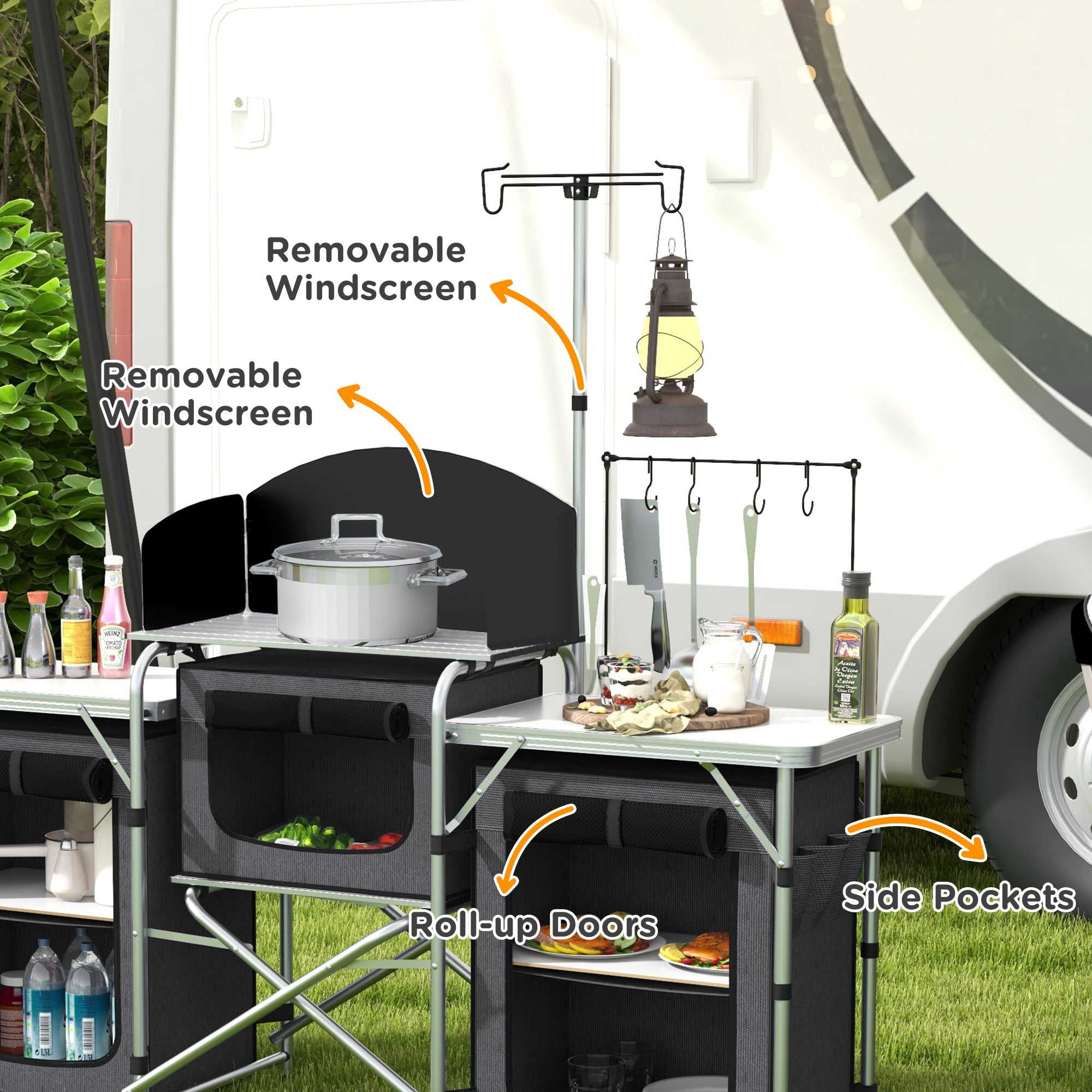 Aluminum Camping Kitchen, Portable Folding Camping Table with Fabric Cupboards, Windshield, Bag for BBQ, Picnic, Black