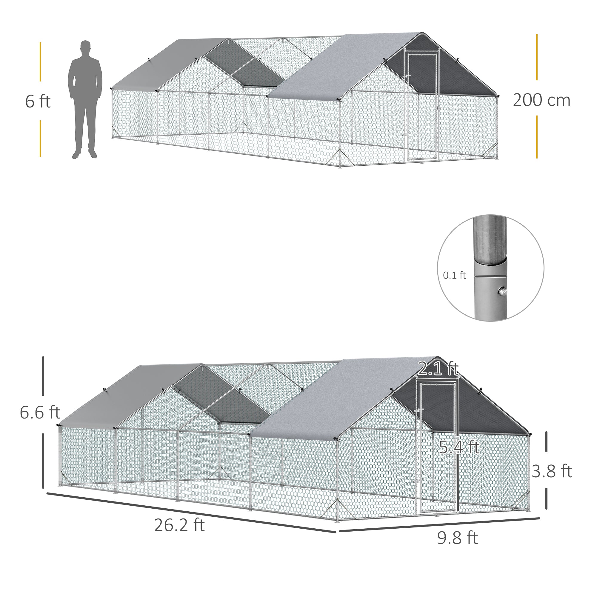 Metal Chicken Run 9.8' x 26.2' x 6.6' with Waterproof and Anti-UV Cover for Outdoor and Yard Farm Use - Silver - Image 3