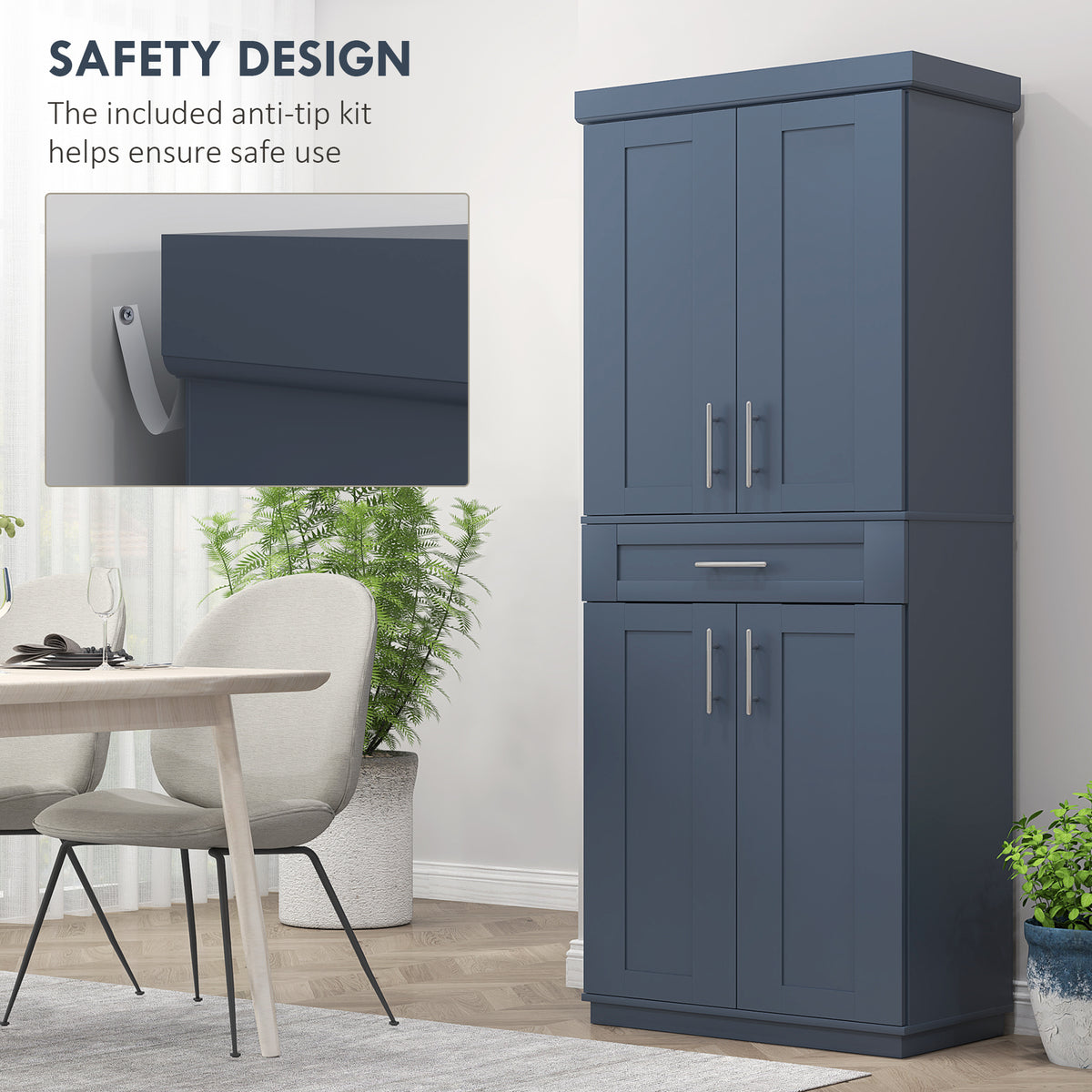 Modern Kitchen Pantry Freestanding Cabinet Cupboard with Doors and Drawer, Adjustable Shelving, Navy Blue
