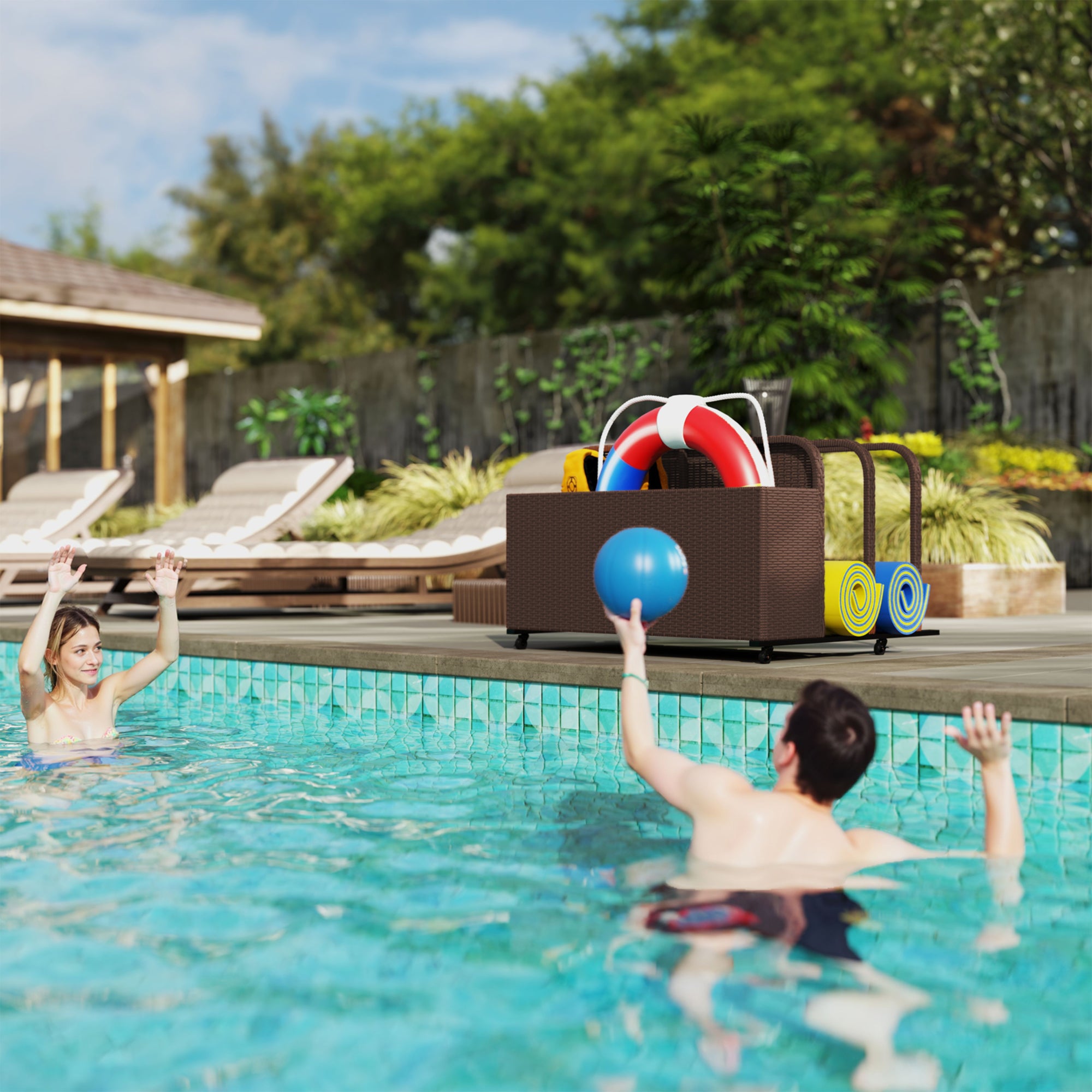 PE Rattan Pool Float Storage Organizer with Wheels, Brown - Brown - Image 7