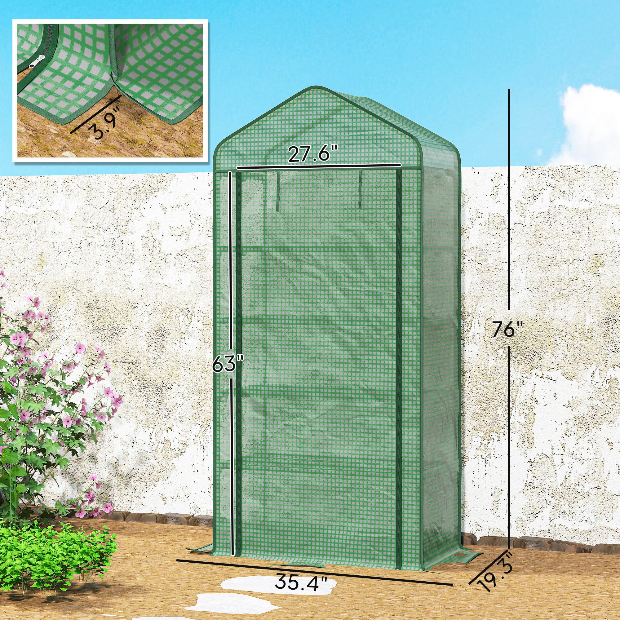 5 Tier Mini Greenhouse, Small Portable Greenhouse with PE Cover, Roll-Up Zippered Door, 76" x 35.4" x 19.3", Green - Green - Image 3