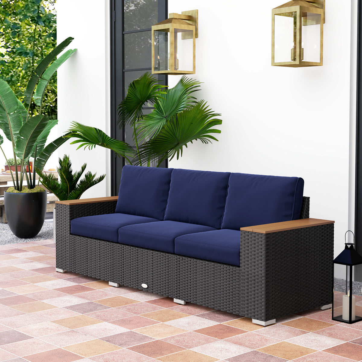 3-Seat Outdoor Patio Sofa, PE Wicker Outdoor Couch with Extra Wide Deep Seat, Wide Armrests 4" Cushions, Navy Blue