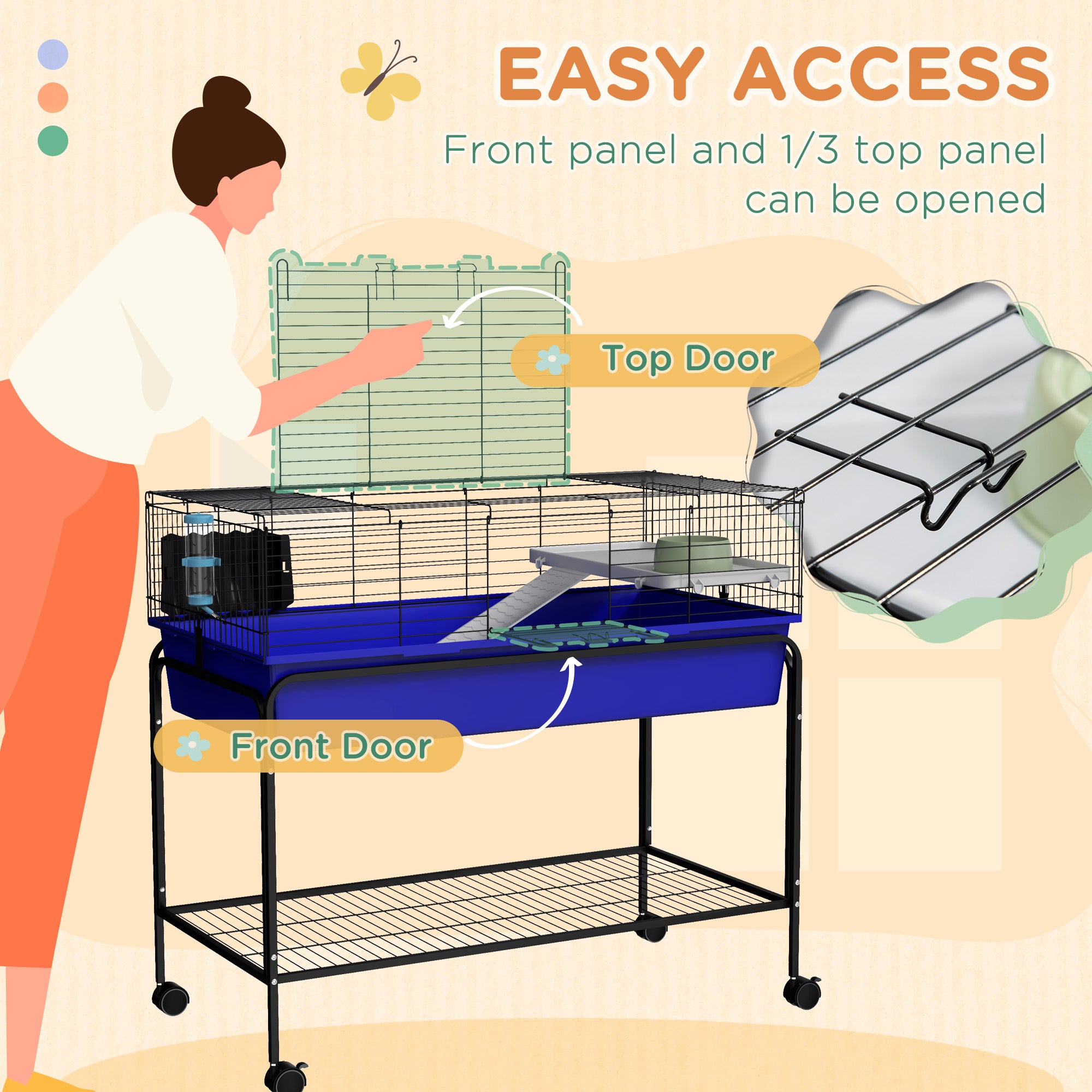 Two-Story Small Animal Cage Removable from Stand, Pet Habitat with Shelf & Wheels, 39" x 20.5" x 36.5", Blue - Blue - Image 6