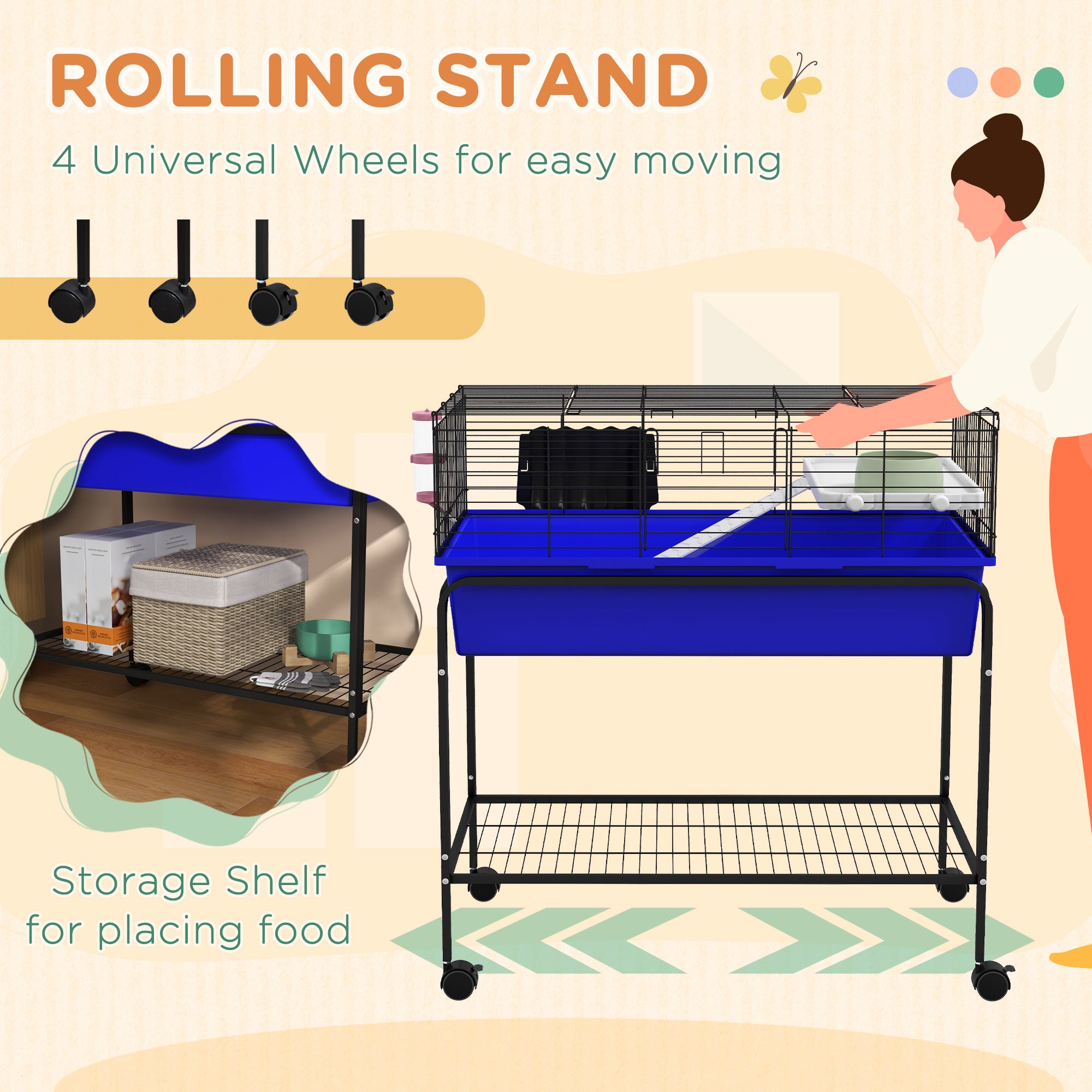 Two-Story Small Animal Cage Removable from Stand, Pet Habitat with Shelf & Wheels, 33" x 18.5" x 35", Blue - Blue - Image 8