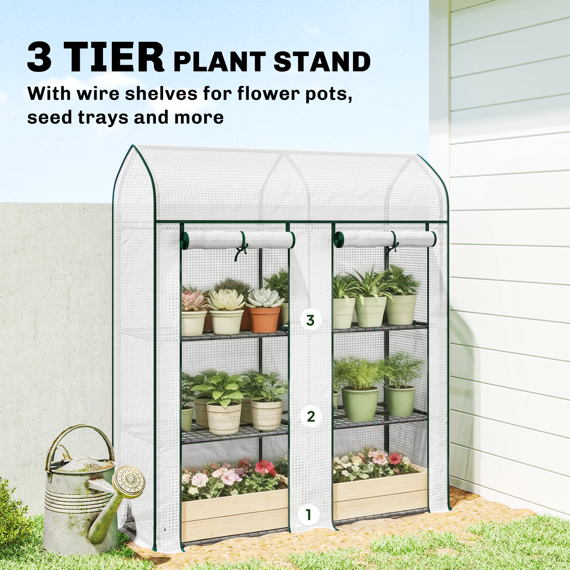3 Tier Mini Greenhouse, Small Portable Greenhouse with 2 Roll-up Doors, 56.3" x 18.1" x 65", White - White - Image 4