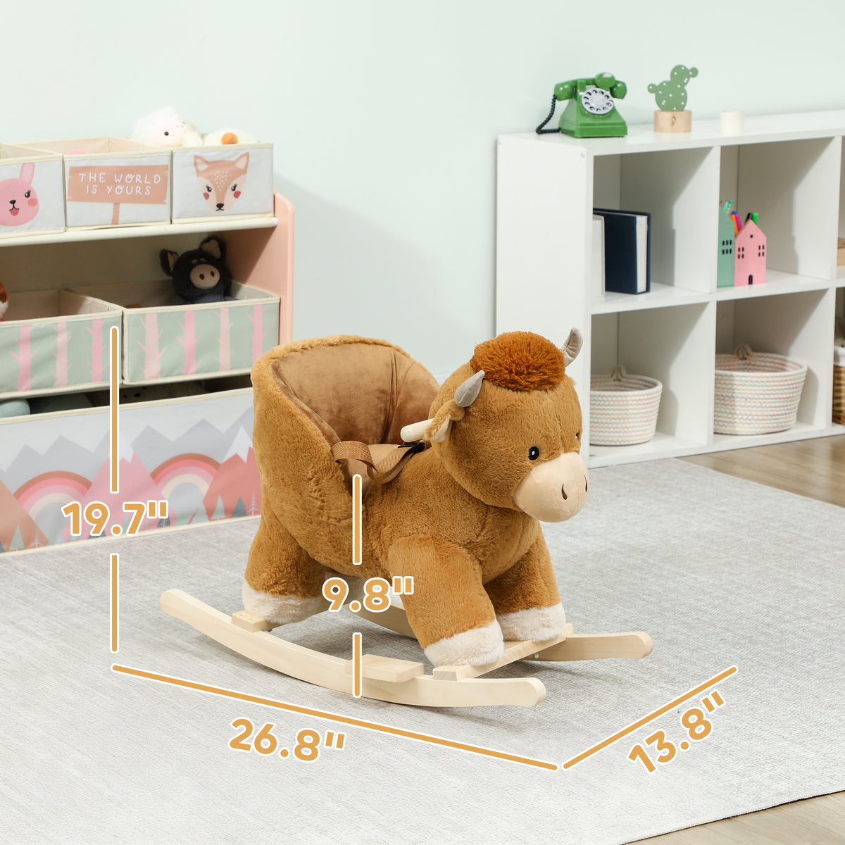 Baby Rocking Horse with Cute Cow Stuffed Plush, Music, Safety Belt, Wooden Rocking Horse for 1-3 Years, Brown