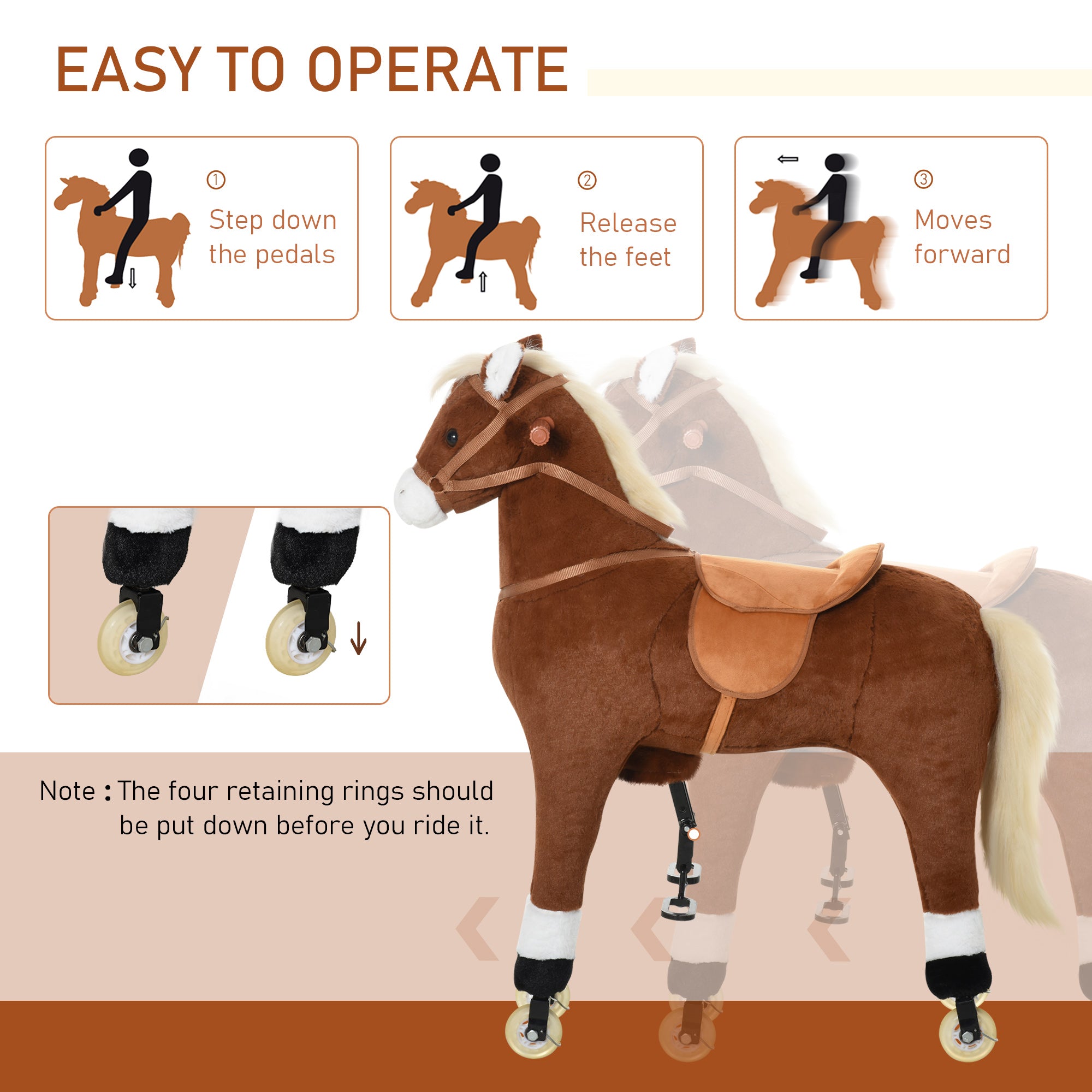 Kids Ride-on Walking Horse with Easy Rolling Wheels, Soft Huggable Body, & a Large Size for Kids 5-16 Years