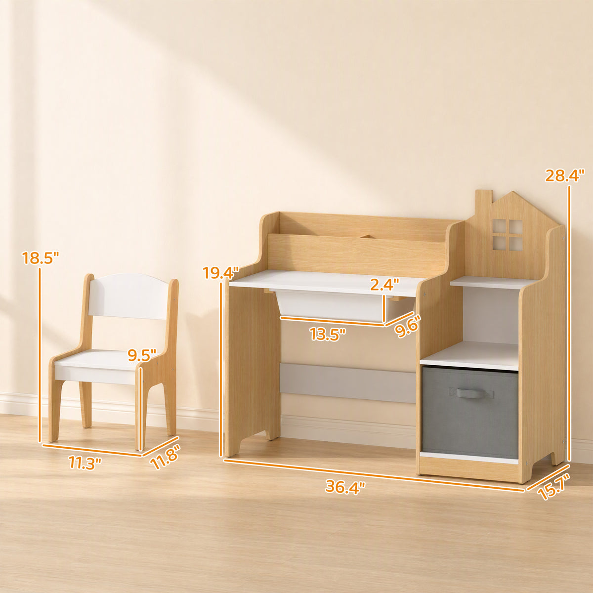 Kids Desk and Chair Set with 2 Desktop Cubbies, Fabric Bin, Plastic Drawer, Bookshelf, Anti-Tip Device for 3-8 Years