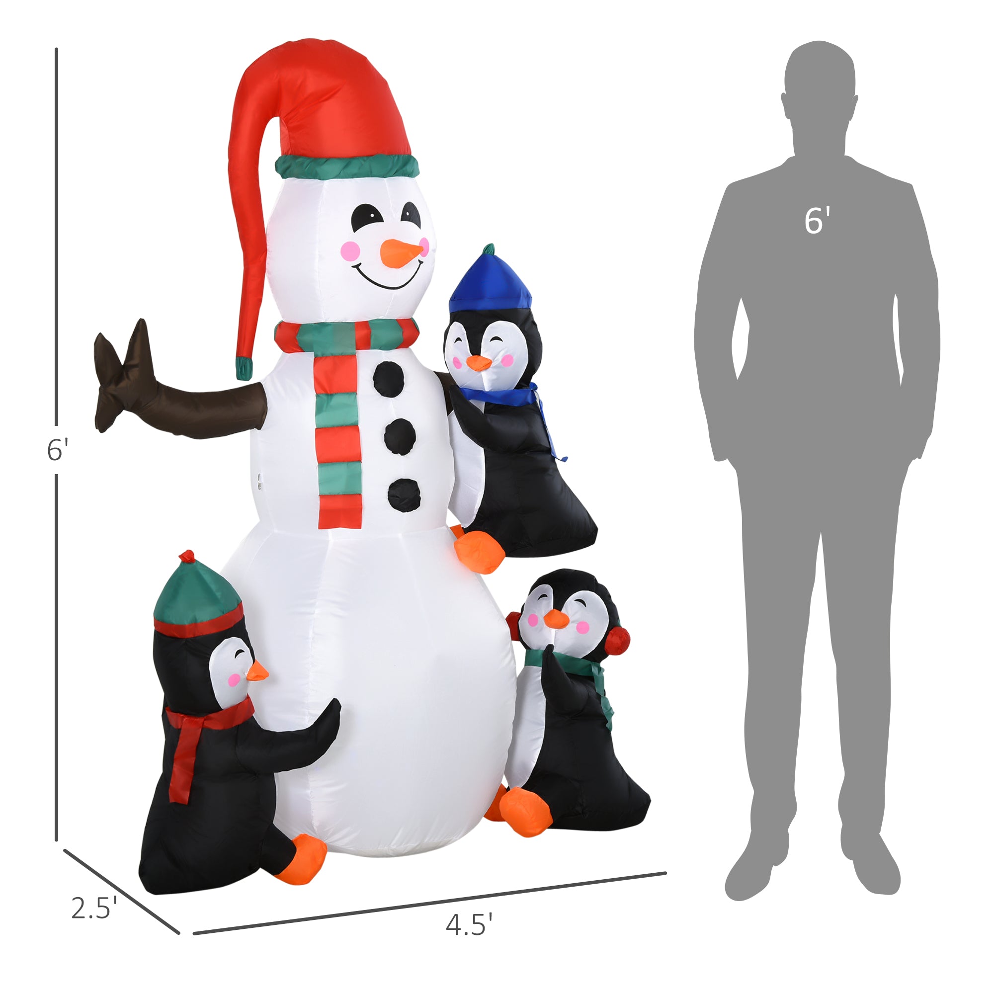 6' Christmas Inflatables Outdoor Decorations Snowman with Penguins, Blow-Up Yard Christmas Decor with LED Rotating Colorful Light