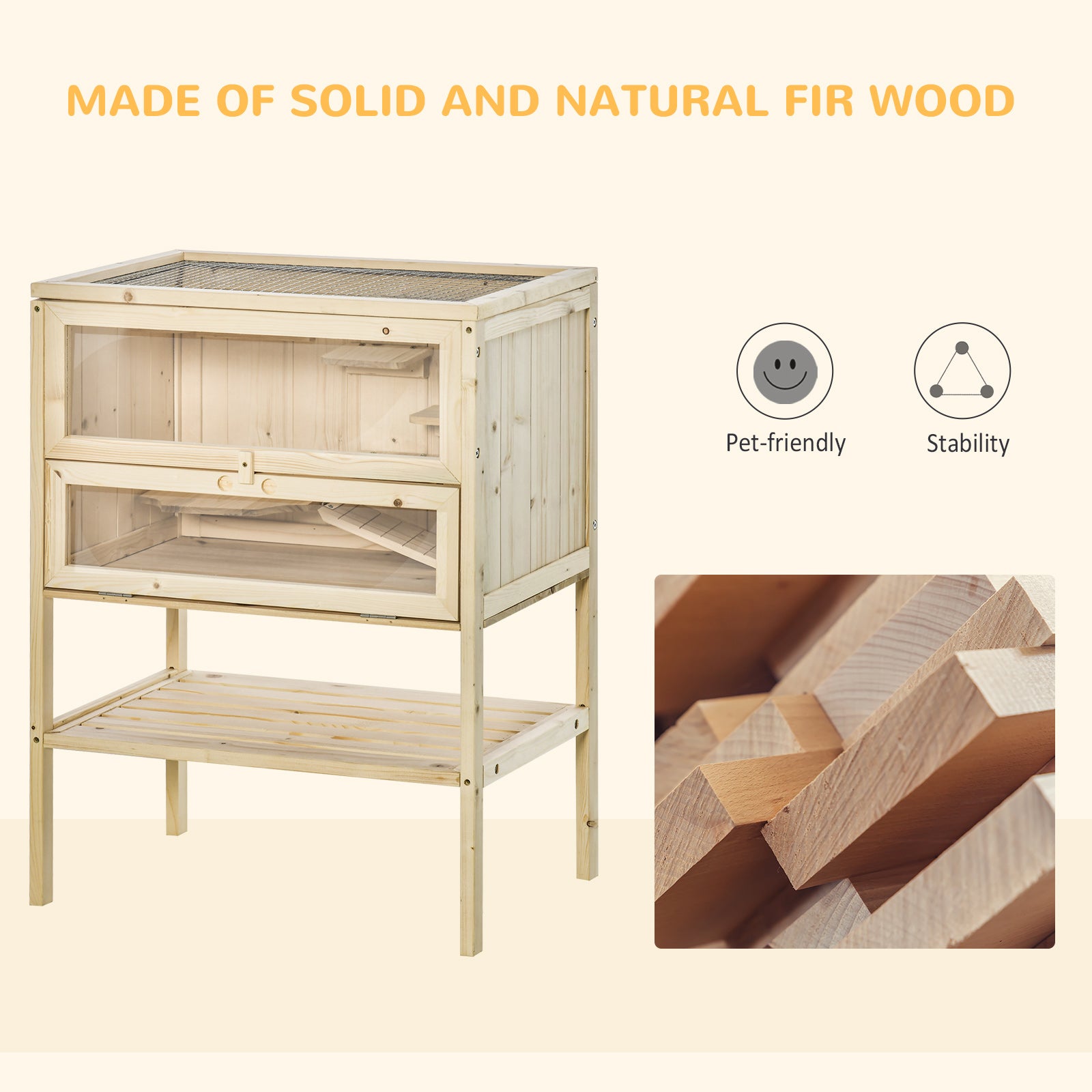 3-Tier Wooden Hamster Cage Mice and Rat Cage Small Animals Hutch with Openable Top, Front Door, Shelf, Natural Wood - Natural Wood - Image 7
