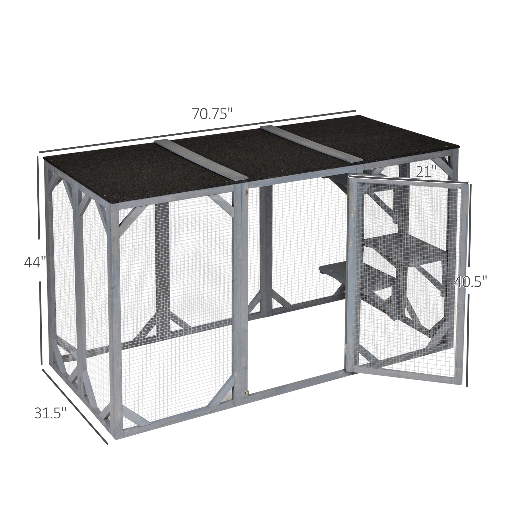 71" x 32" x 44" Large Wooden Outdoor Cat Enclosure Catio Cage With 3 Platforms, Gray - Grey - Image 4