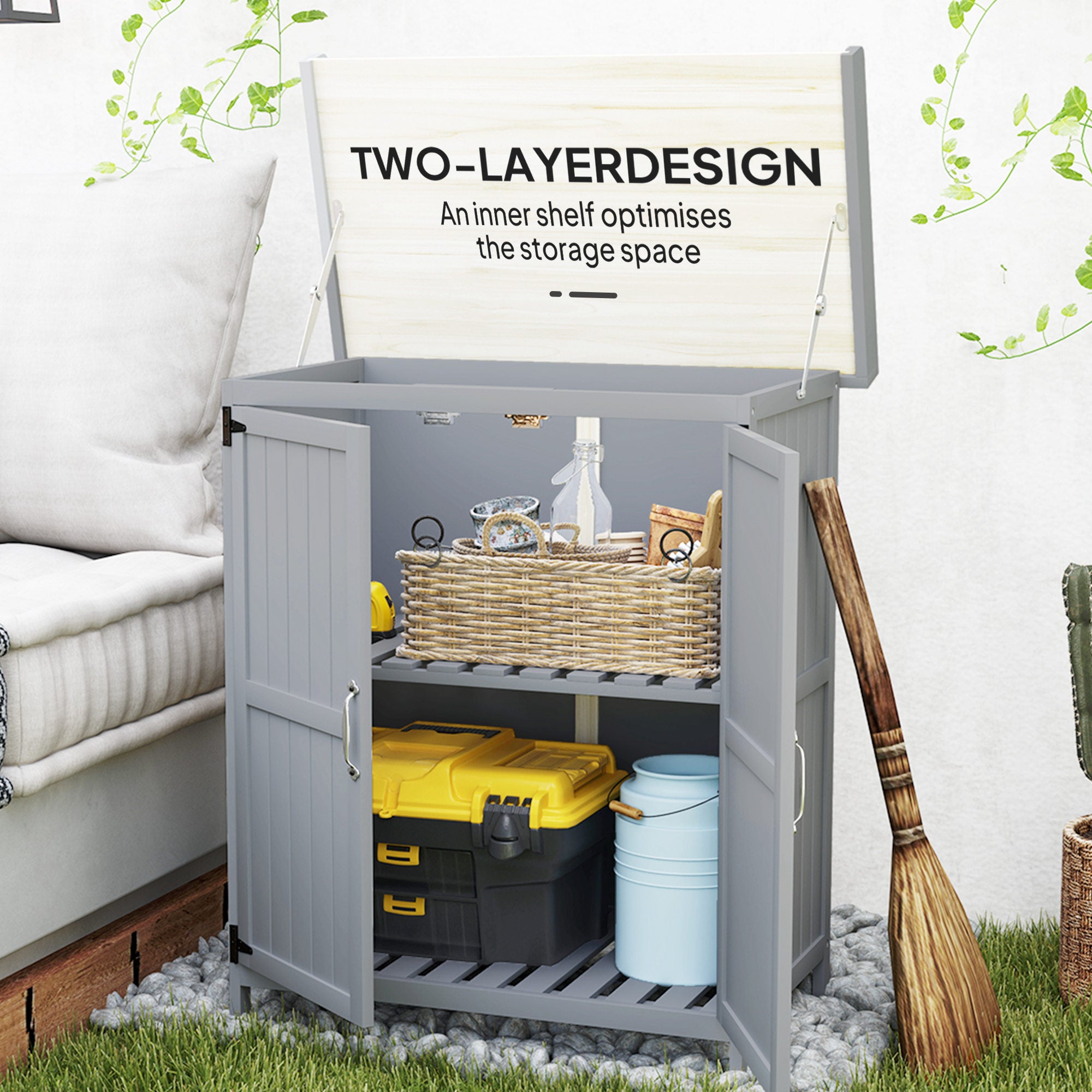 Outdoor Storage Cabinet, Garden Tool Shed with Metal Tabletop and Shelf, Wooden Potting Bench with 2 Doors, Gray - Gray - Image 6