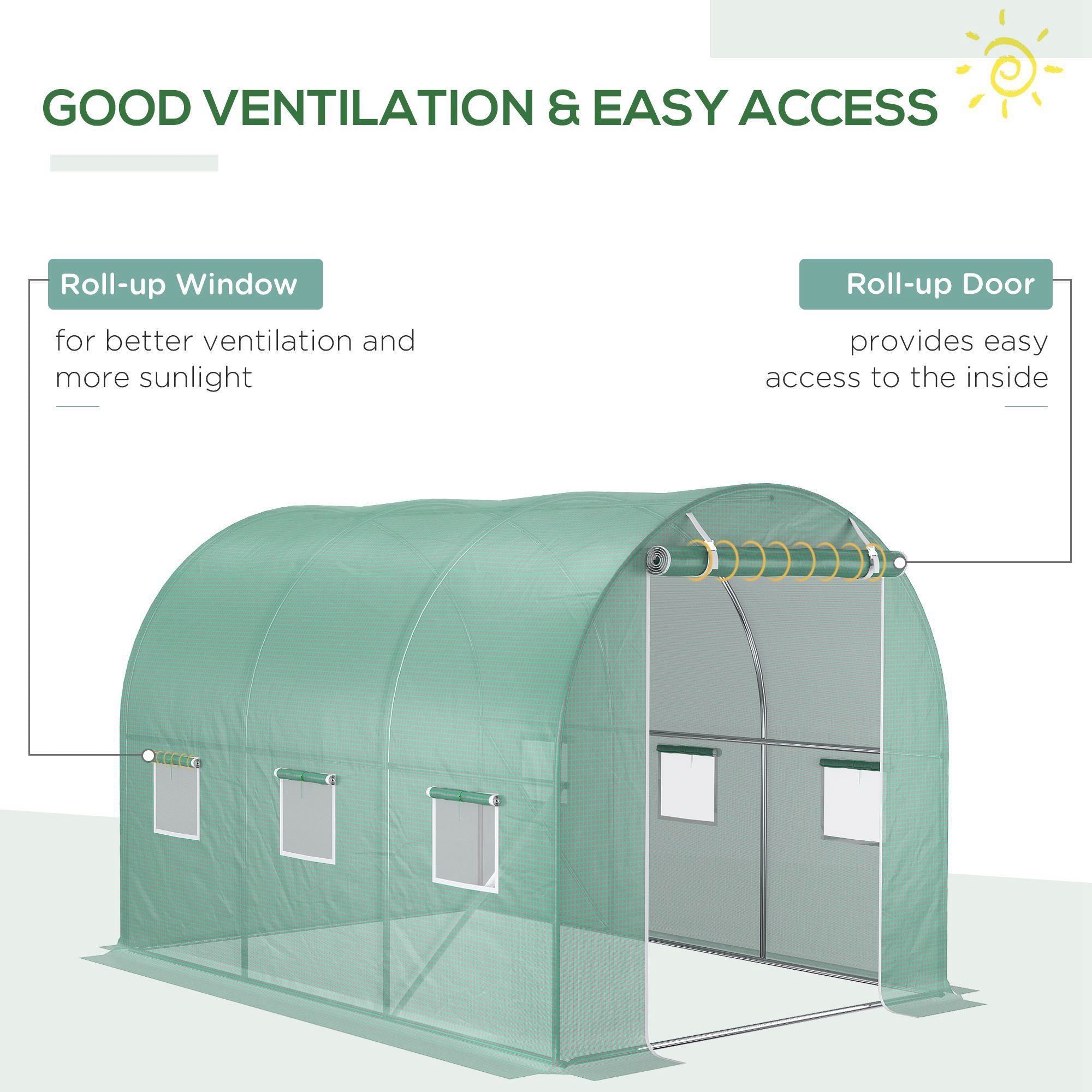 9.8' x 6.6' x 6.6' Plastic Greenhouse Cover Replacement, Heavy Duty Waterproof Tarp for Hoop House, Sheeting with 6 Windows, Door & Reinforcement Grid, Green - green - Image 5