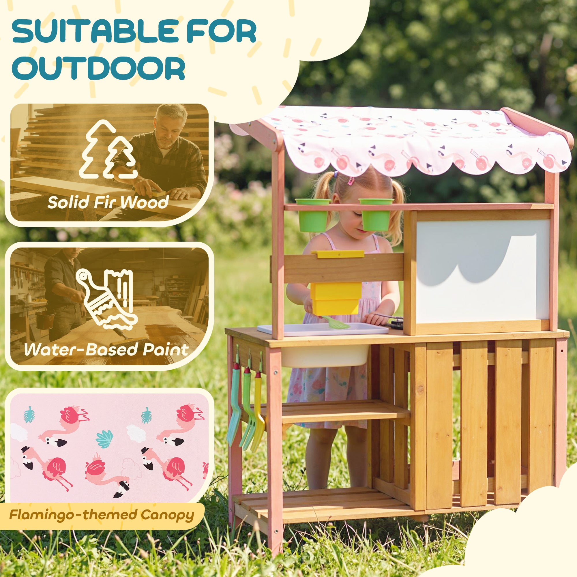 Kids Mud Kitchen with Canopy, Outdoor Wooden Play Kitchen with Planter Box, Accessories for Age 3-6, Pink