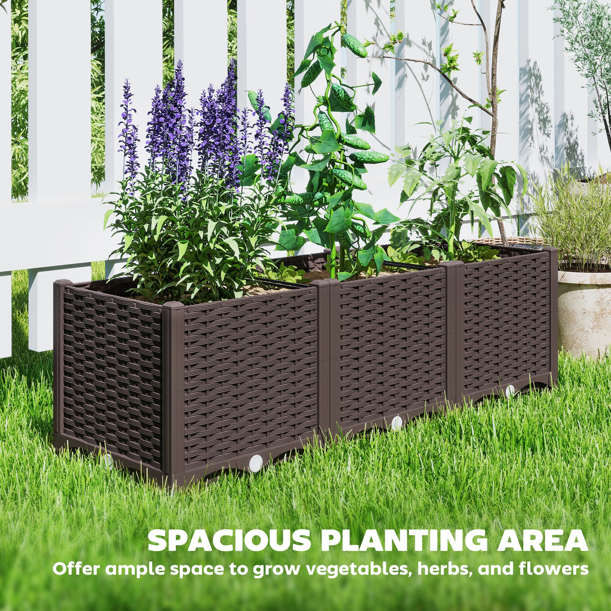 Plastic Raised Garden Bed, 4 x 1 x 1 ft Outdoor Flower Box with Drainage Holes for Vegetables, Herbs, Brown - Brown - Image 4