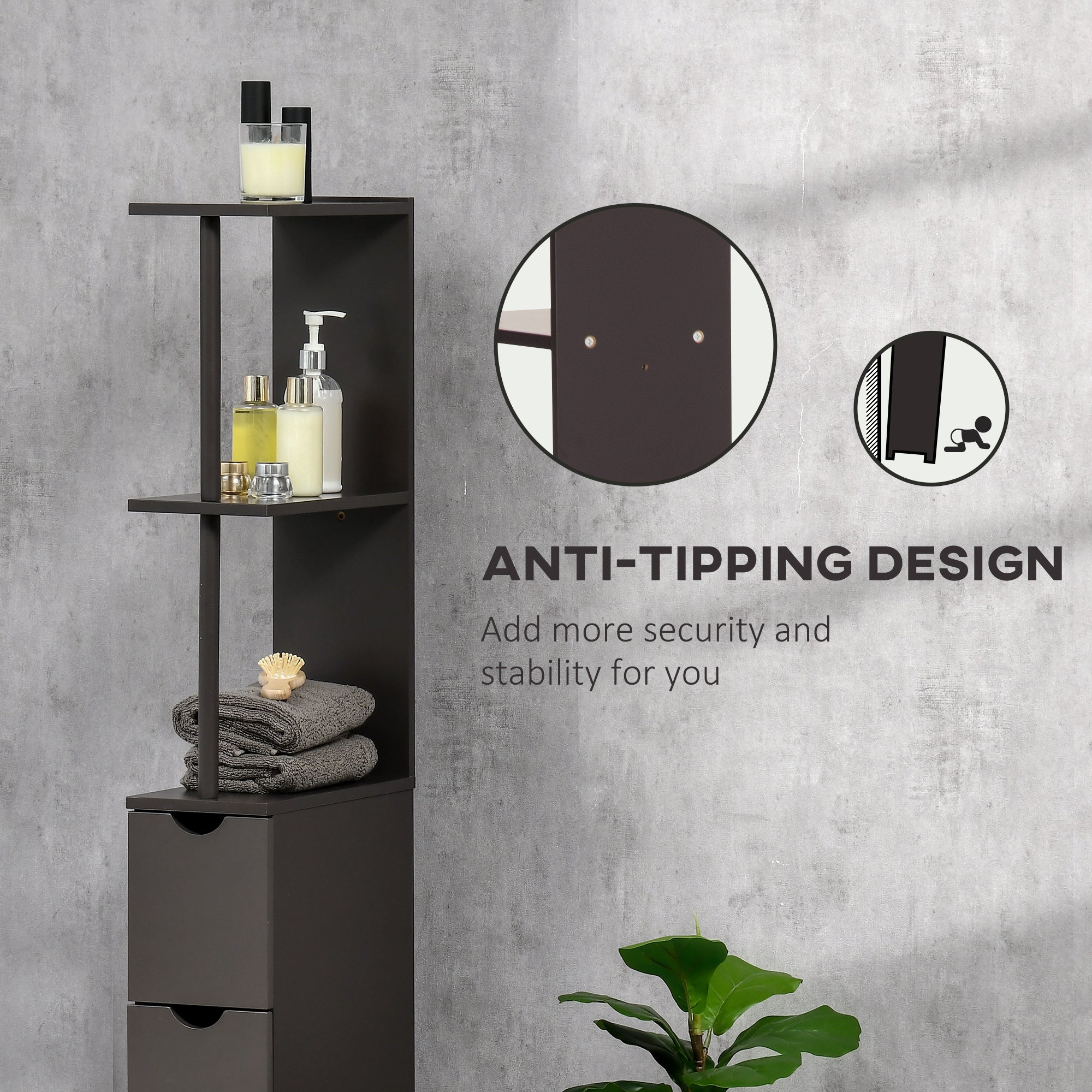 54" Tall Bathroom Storage Cabinet, Freestanding Linen Tower with 2-Tier Shelf and Drawers, Narrow Side Floor Organizer, Brown