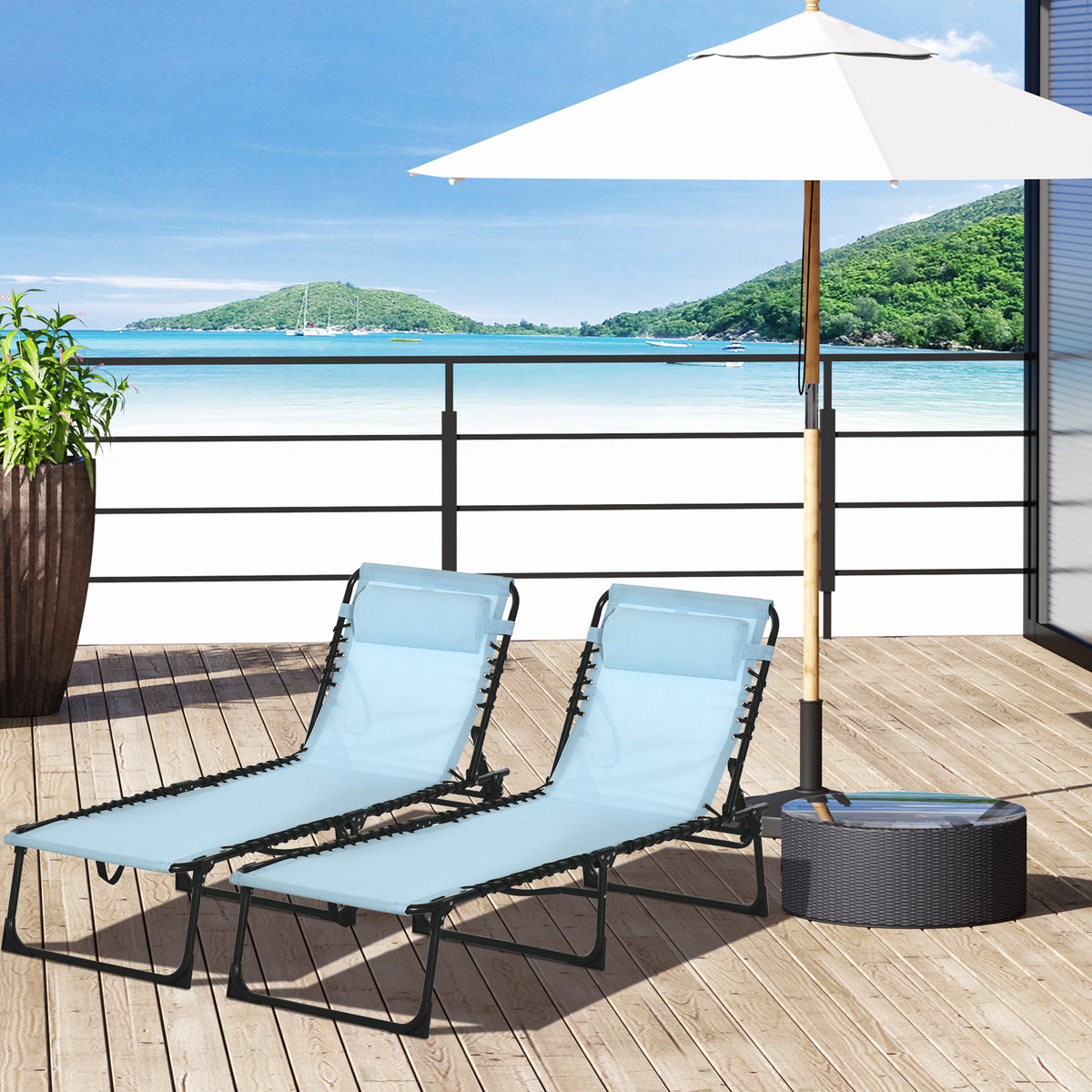 Set of 2 Folding Chaise Lounge Chairs, Outdoor Sun Tanning Chairs with Reclining Back, Light Blue
