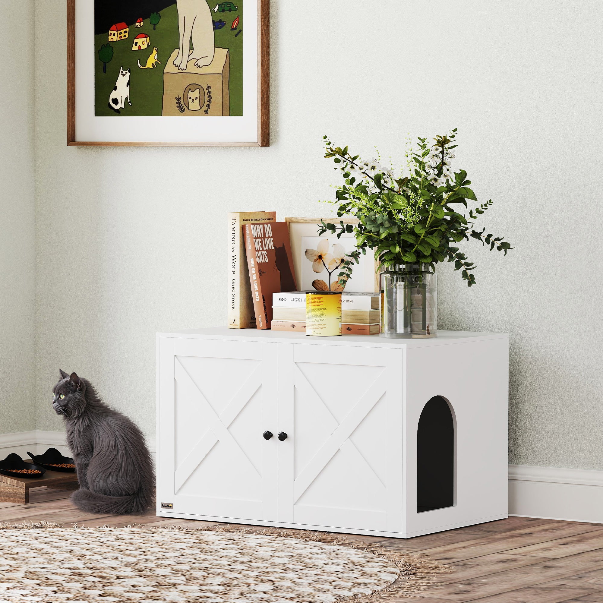 Cat Litter Box Enclosure with Barn Door, Cat Hole, 31.5" x 21" x 20", White - White - Image 7