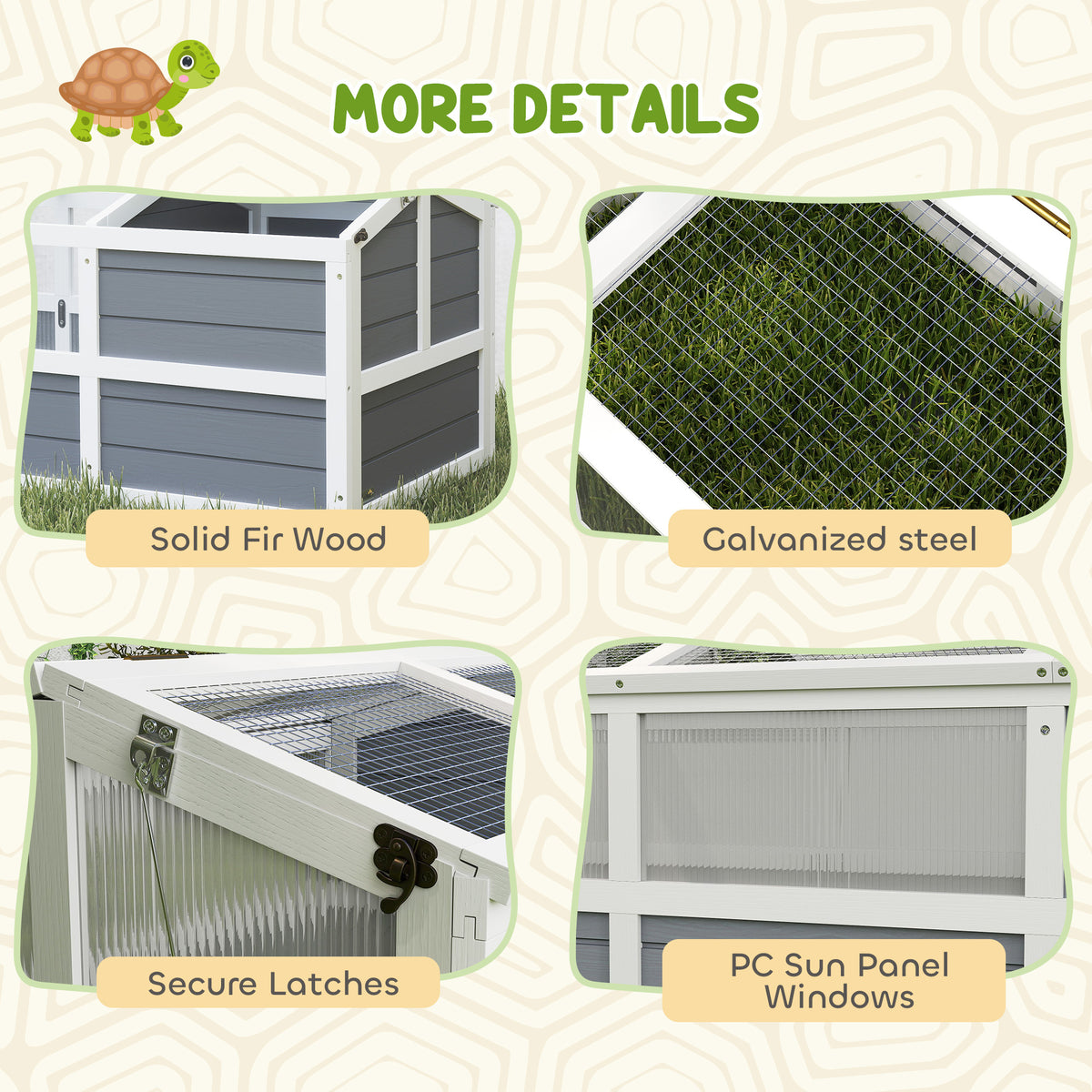 Wooden Tortoise Habitat Outdoor w/ Bottomless Design, Doors, PC Sun Panel Windows, for Small Animals, Rabbit, Light Gray