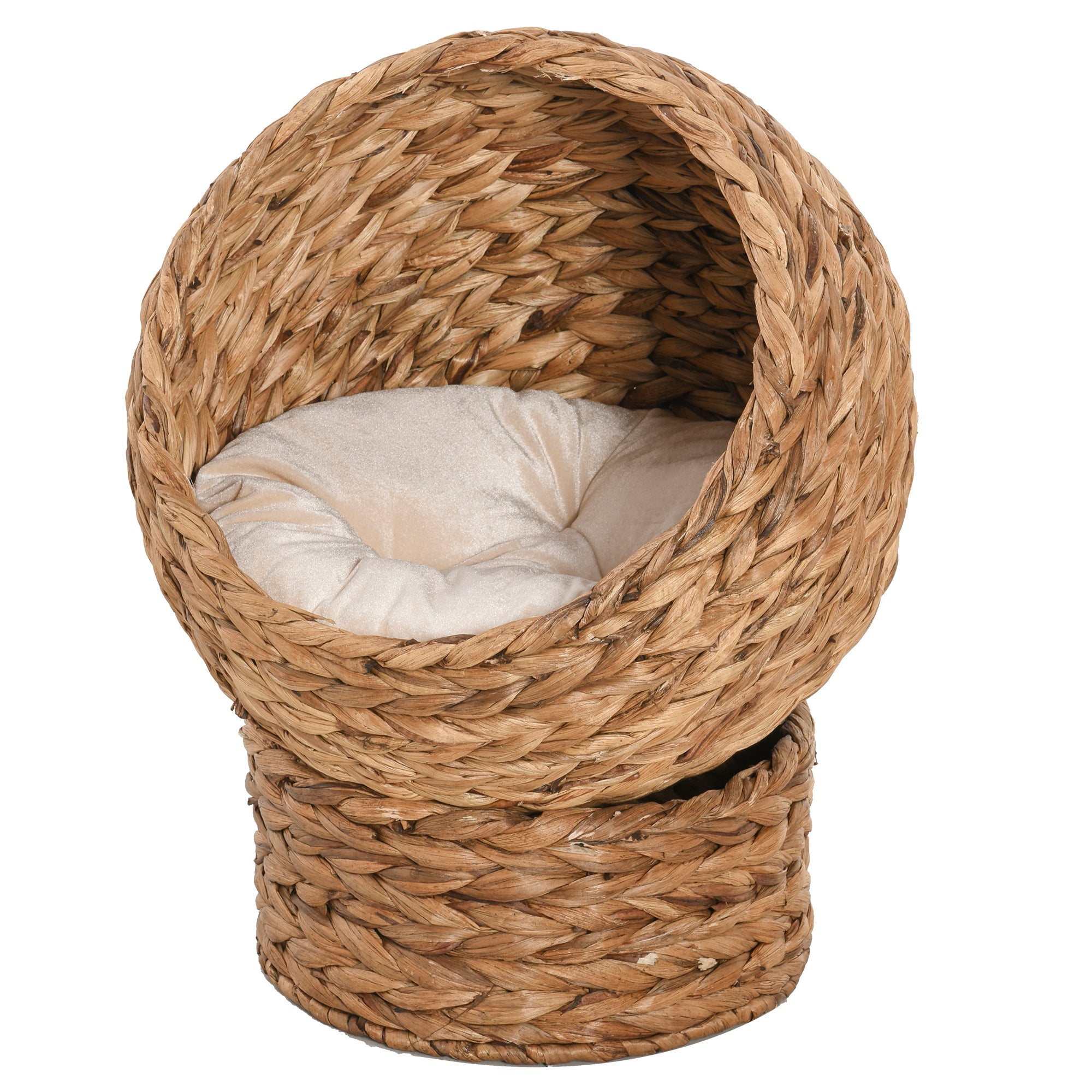 Handwoven Elevated Cat Bed with Soft Cushion & Egg Chair Shape, Basket Bed Kitty House with Stand, Raised Wicker House for Indoor Cats, 23.5" H, Light Brown - Brown