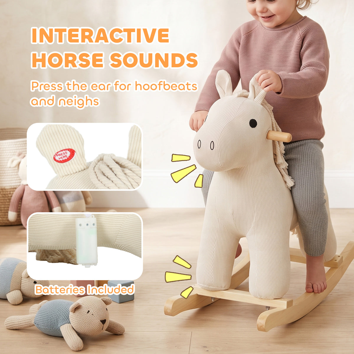 Baby Rocking Horse, Wooden Ride on Horse Toy with Realistic Sound and Rocking Limiter, Plush Ride-On Rocker for Toddlers