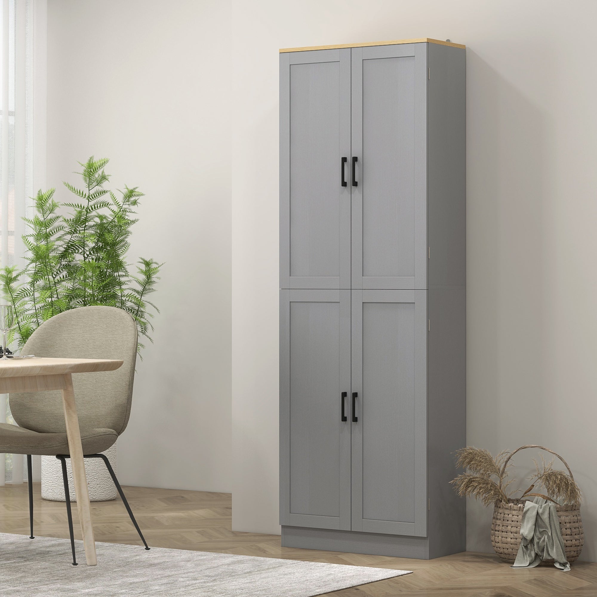 Freestanding Kitchen Pantry, 4-Door Kitchen Pantry Cabinet with Adjustable Shelves and Doors, Distressed White