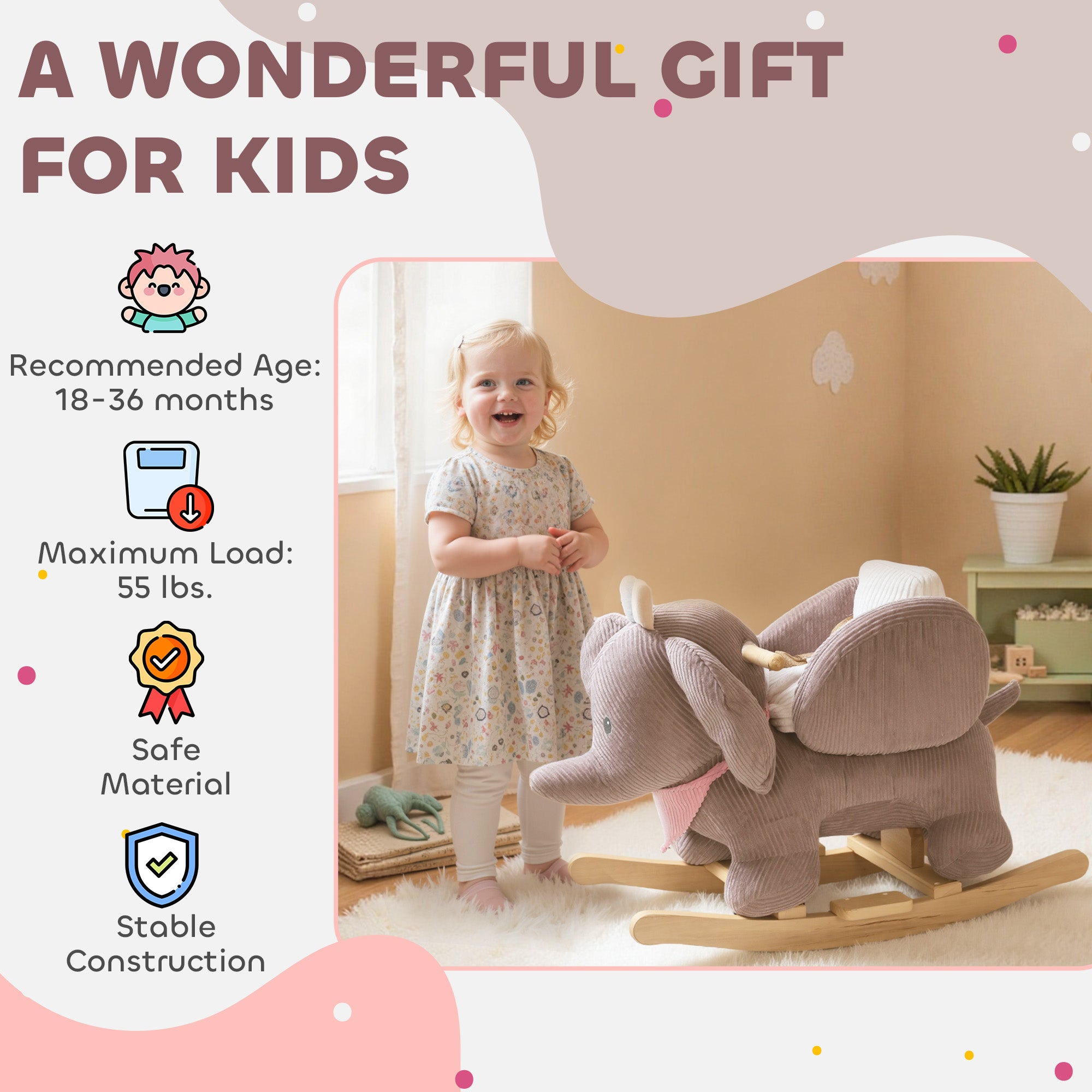 Baby Rocking Horse with Seat, Kids Ride On Toy with Realistic Elephant Sound and Safety Belt for 18 to 36 Months, Pink