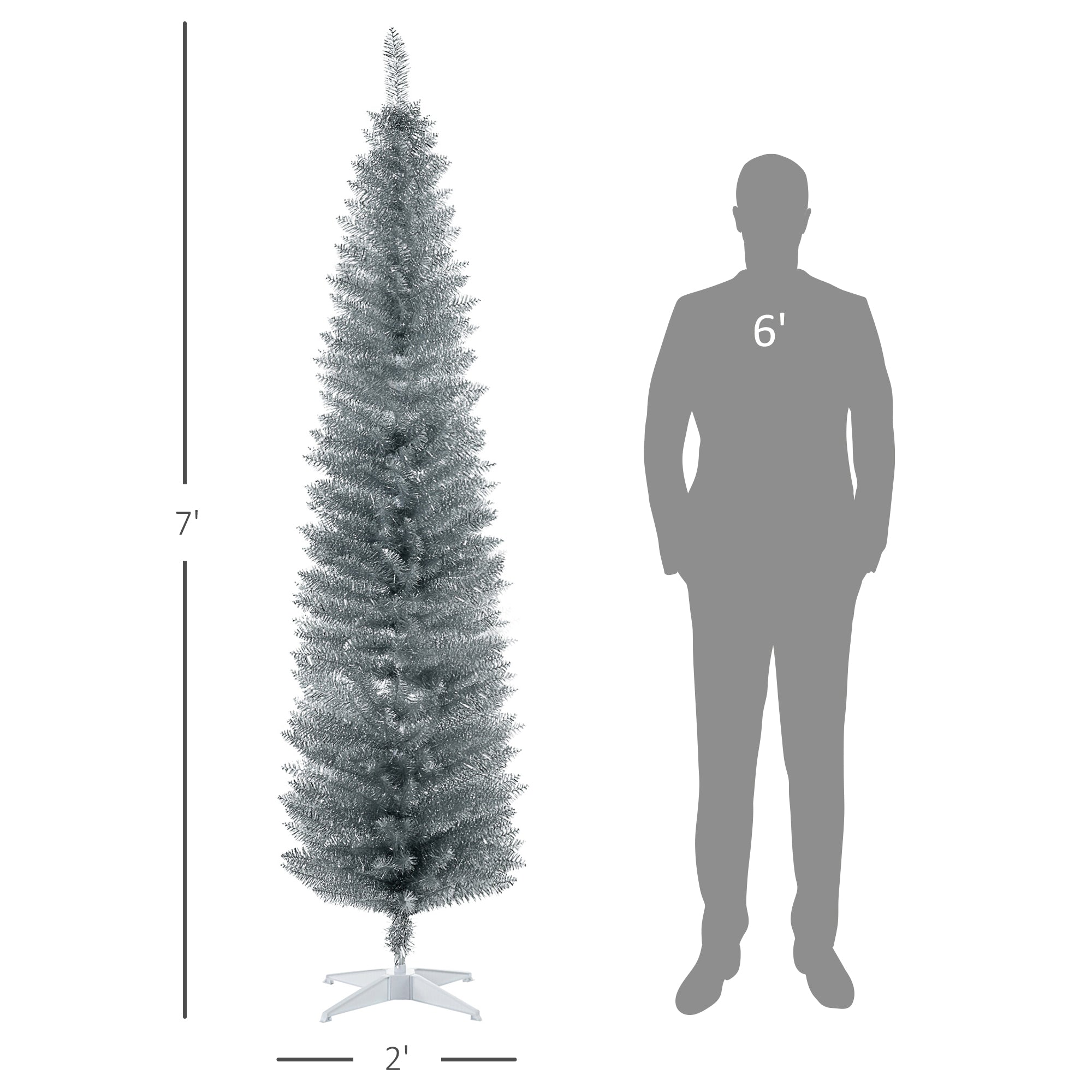 7ft Unlit Pencil Artificial Christmas Tree with Realistic Branches and 499 Tips, Plastic Base, Silver