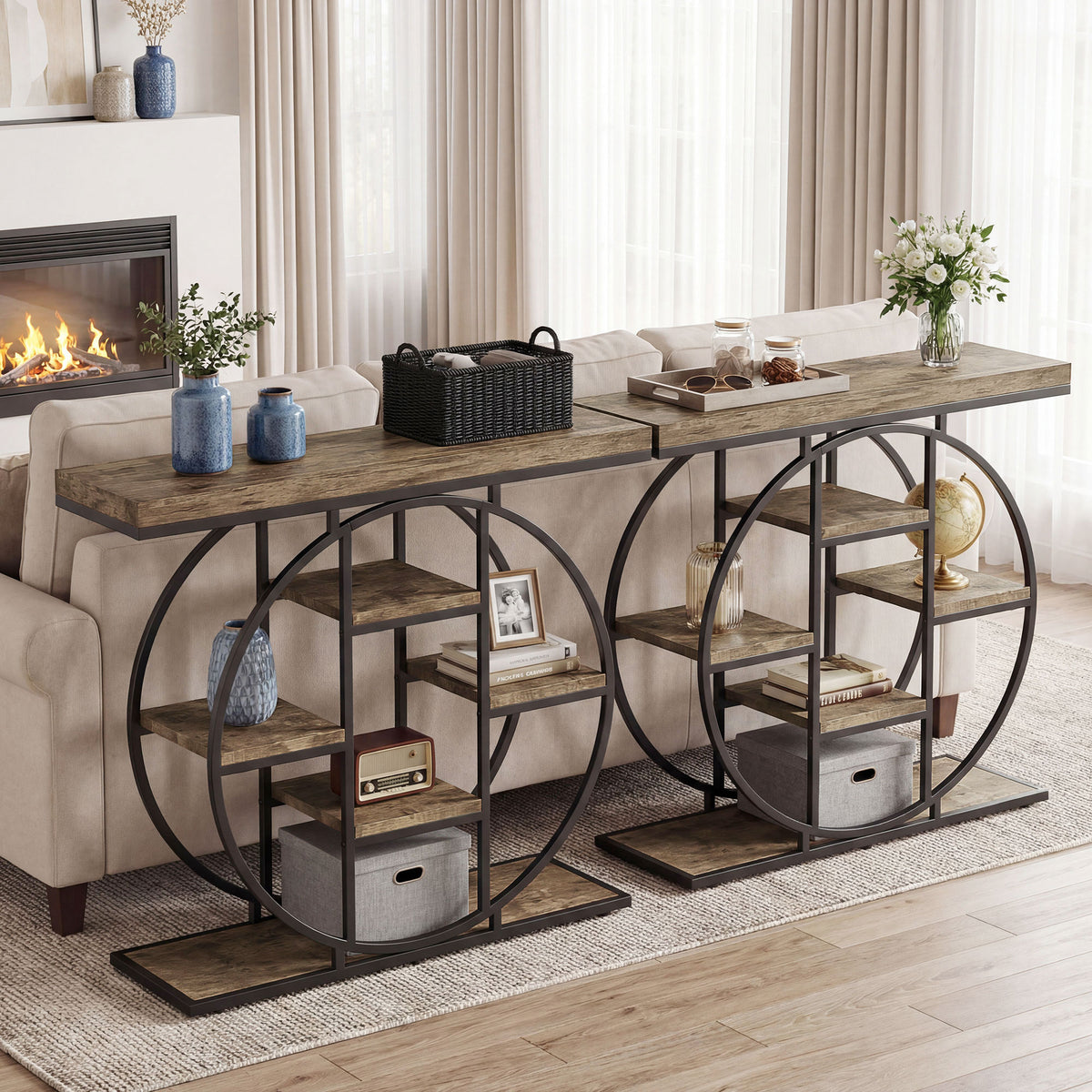 39.4" Console Table with Storage Shelves, Industrial Sofa Table for Living Room, Hallway, Rustic Oak