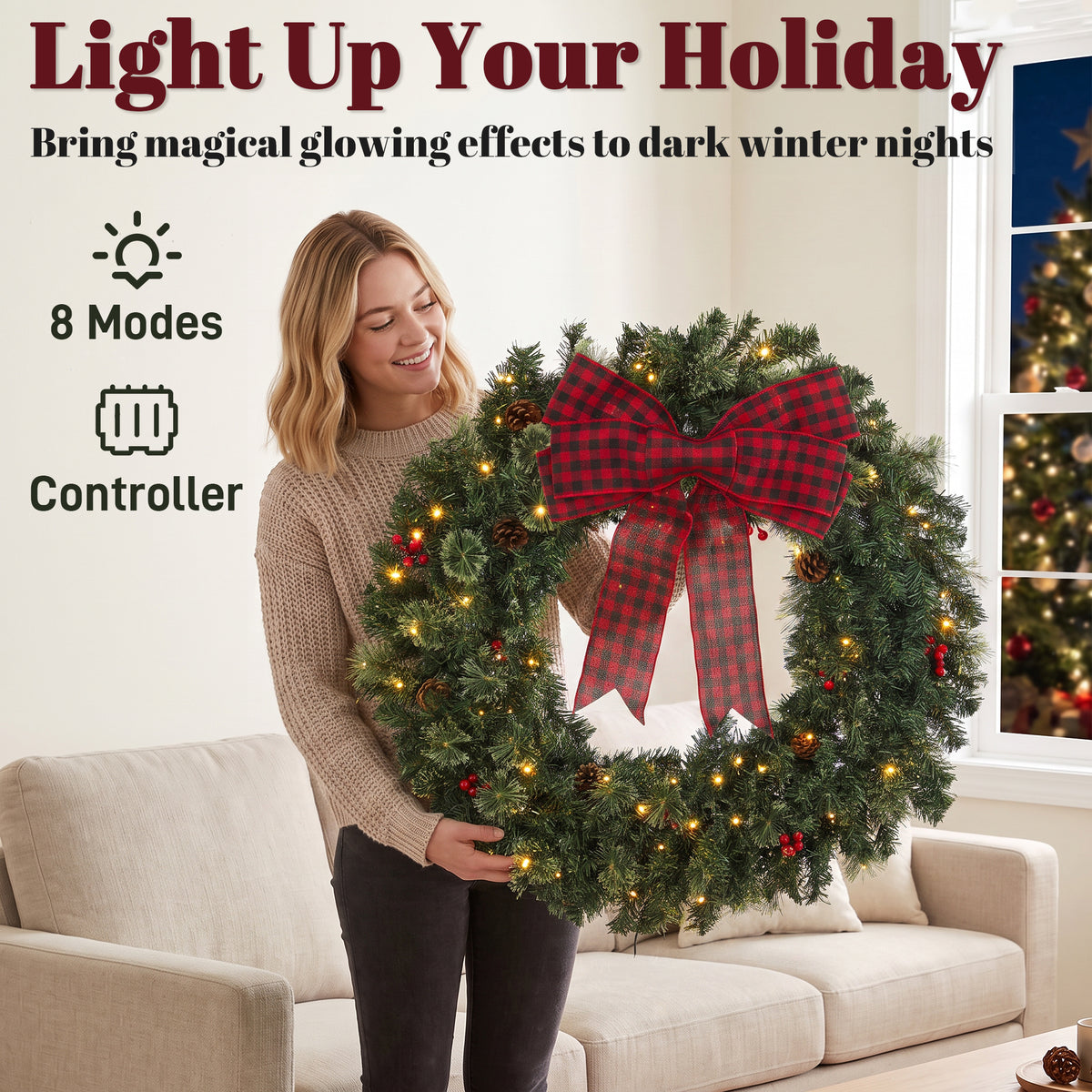 36" Prelit Crestwood Spruce Artificial Christmas Wreath, Christmas Decor with Bow, 8 Modes, Red Berries, Pinecones