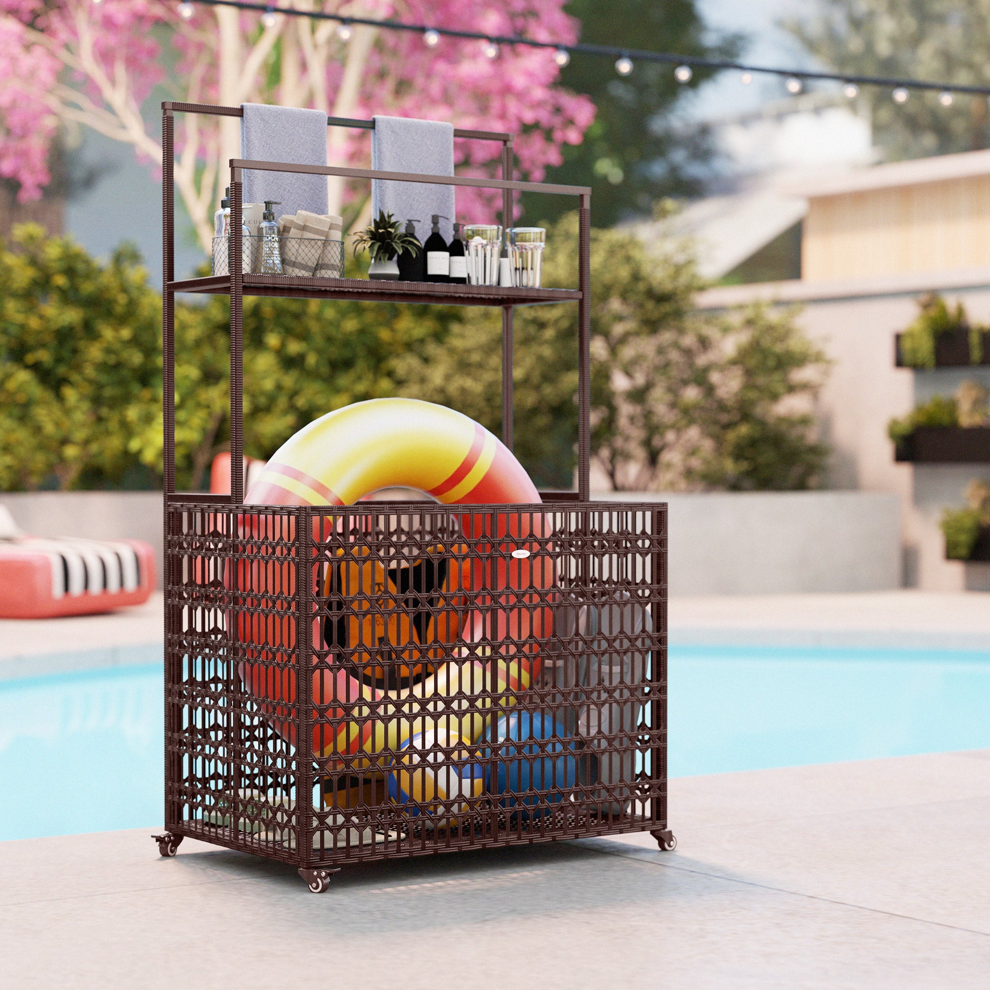 Wicker Pool Float Storage Organizer, PE Rattan Pool Float Holder with Basket Shelf Towel Bars, Rolling Pool Caddy for Floaties, Noodles, Life Vests, Beach Balls, Mixed-Brown - Mixed-brown - Image 8