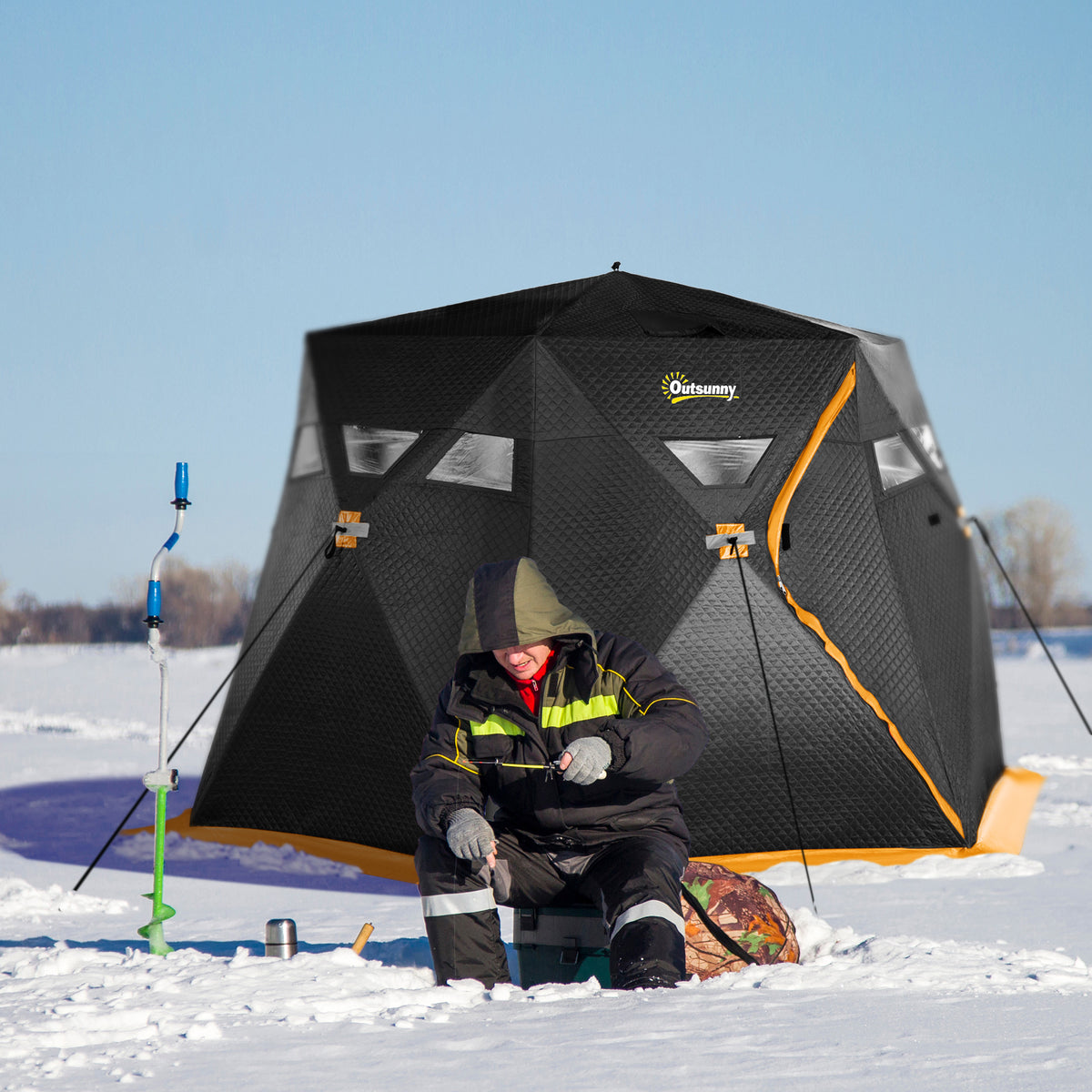 4 Person Insulated Pop-Up Ice Fishing Shelter, 360-Degree View, Portable Ice Fishing Tent Shanty with Carry Bag, Two Doors and Anchors for Low-Temp -22℉, Black and Orange