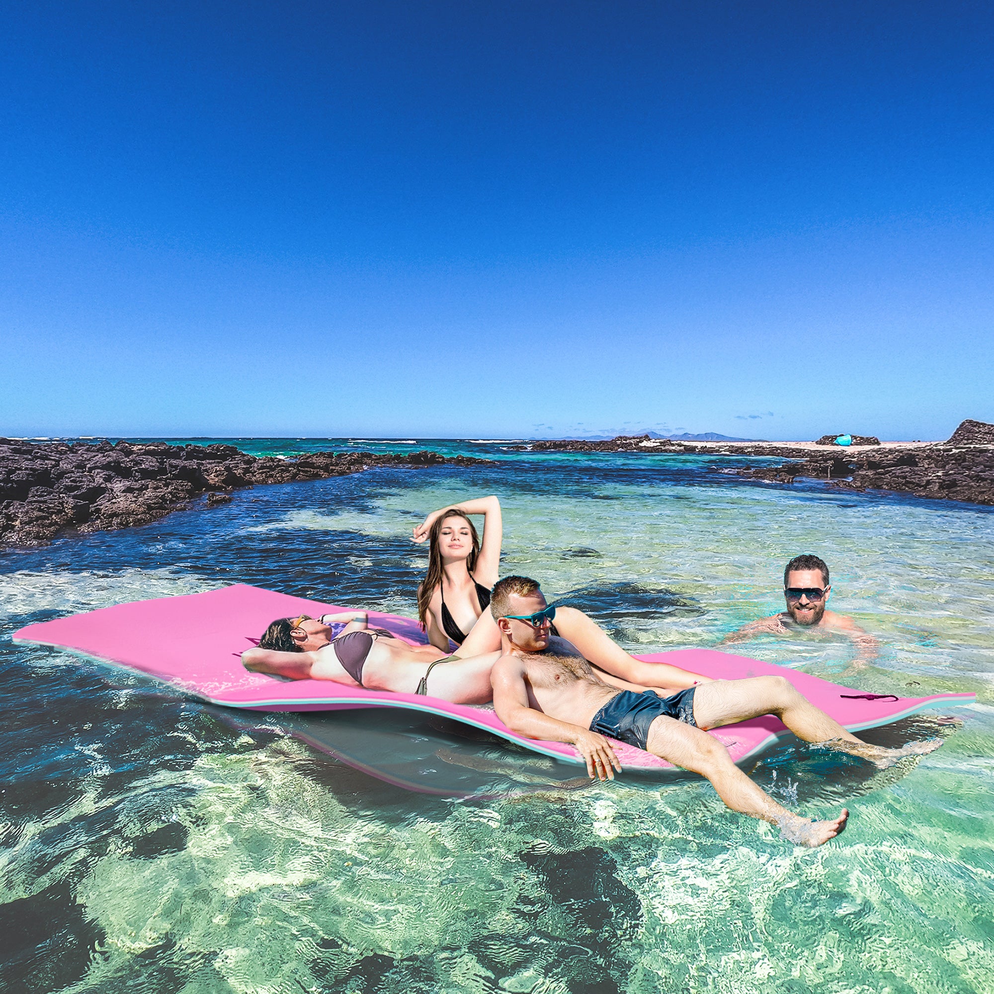 12' x 5' Lily Pad Floating Mat with Cup Holder Table, 3-Layer Portable Roll-Up Water Mat Float Dock for 2-3 People, on Lake, River, Beach, Swimming Pool, Pink