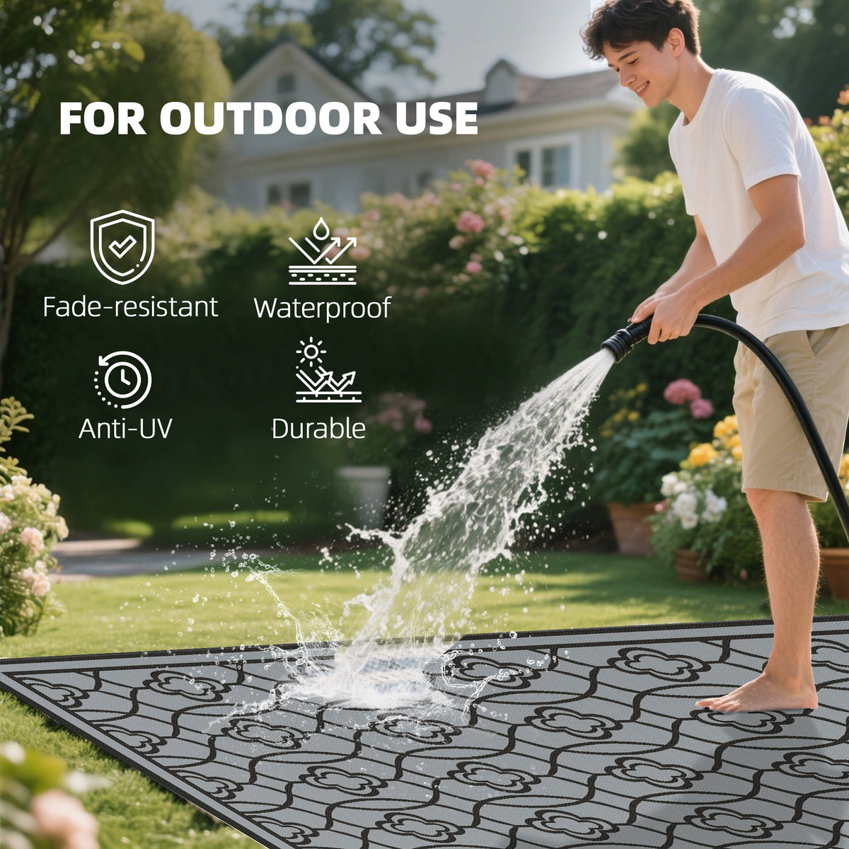 Reversible Outdoor Rug, Waterproof Plastic Straw with Carry Bag, 9' x 18', Black & Gray Lantern