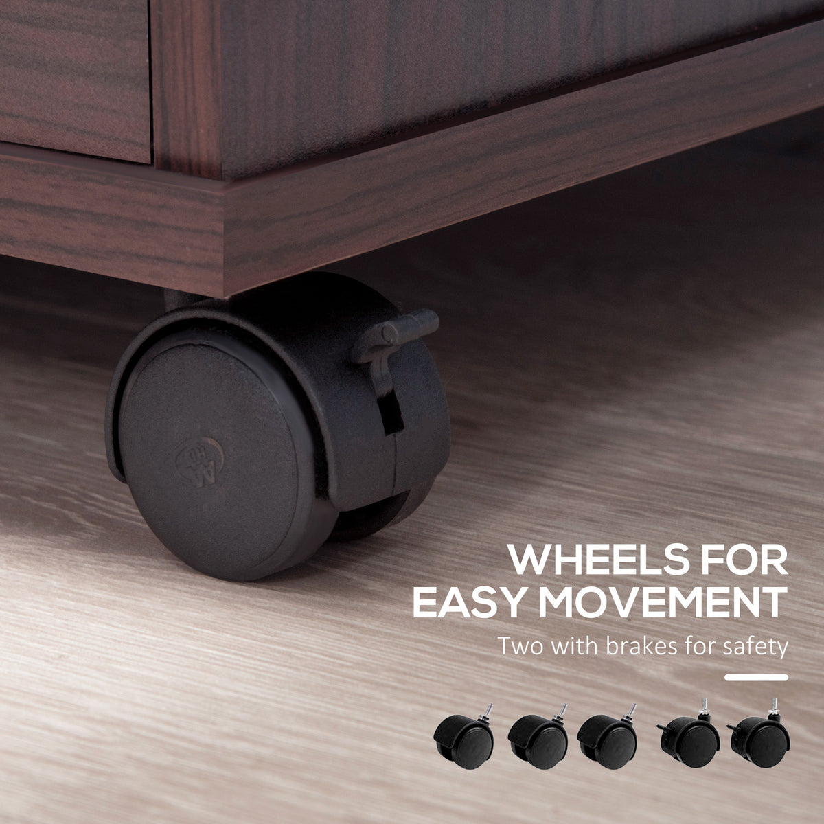 Lateral File Cabinet with Wheels, Mobile Printer Stand with Open Shelves and Drawers for A4 Size Documents, Walnut