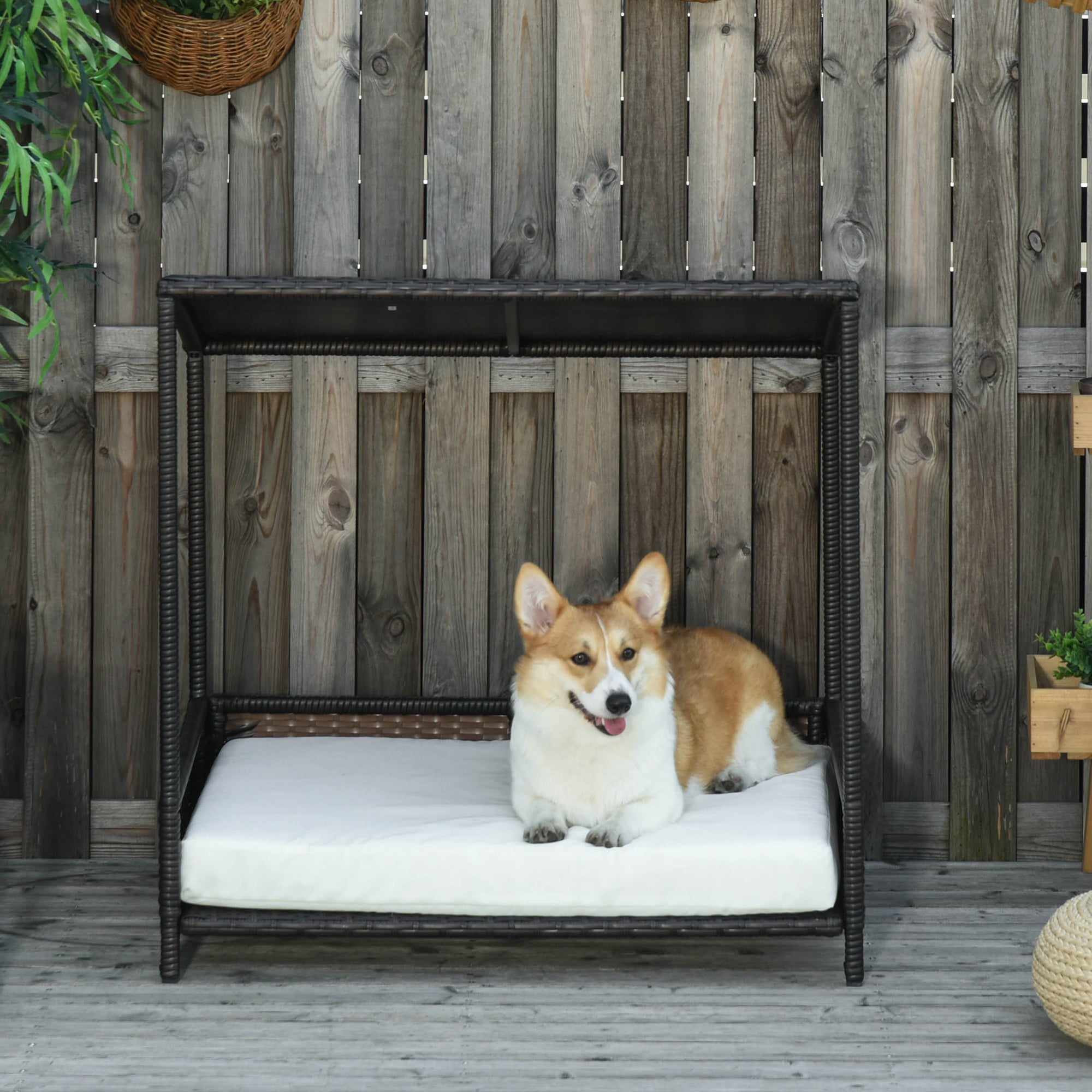 Wicker Dog House Raised Rattan Puppy Bed Cat Shelter for Indoor Outdoor Garden Patio Pet Sofa with Removable Cushion for Medium Sized Pet Brown - Brown and White - Image 8