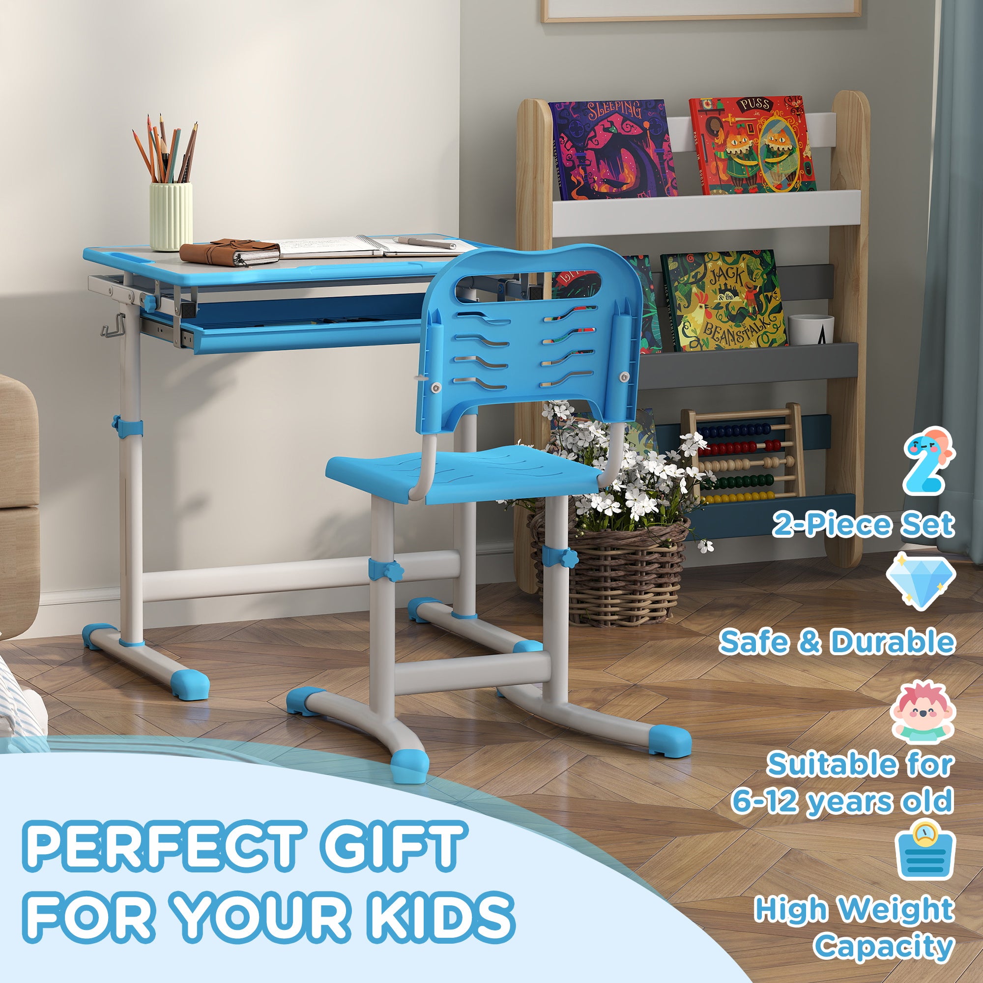 Height Adjustable Kids Desk and Chairs Set with Tilt Desktop, Storage Drawer, Pen Slot, Hook, Blue
