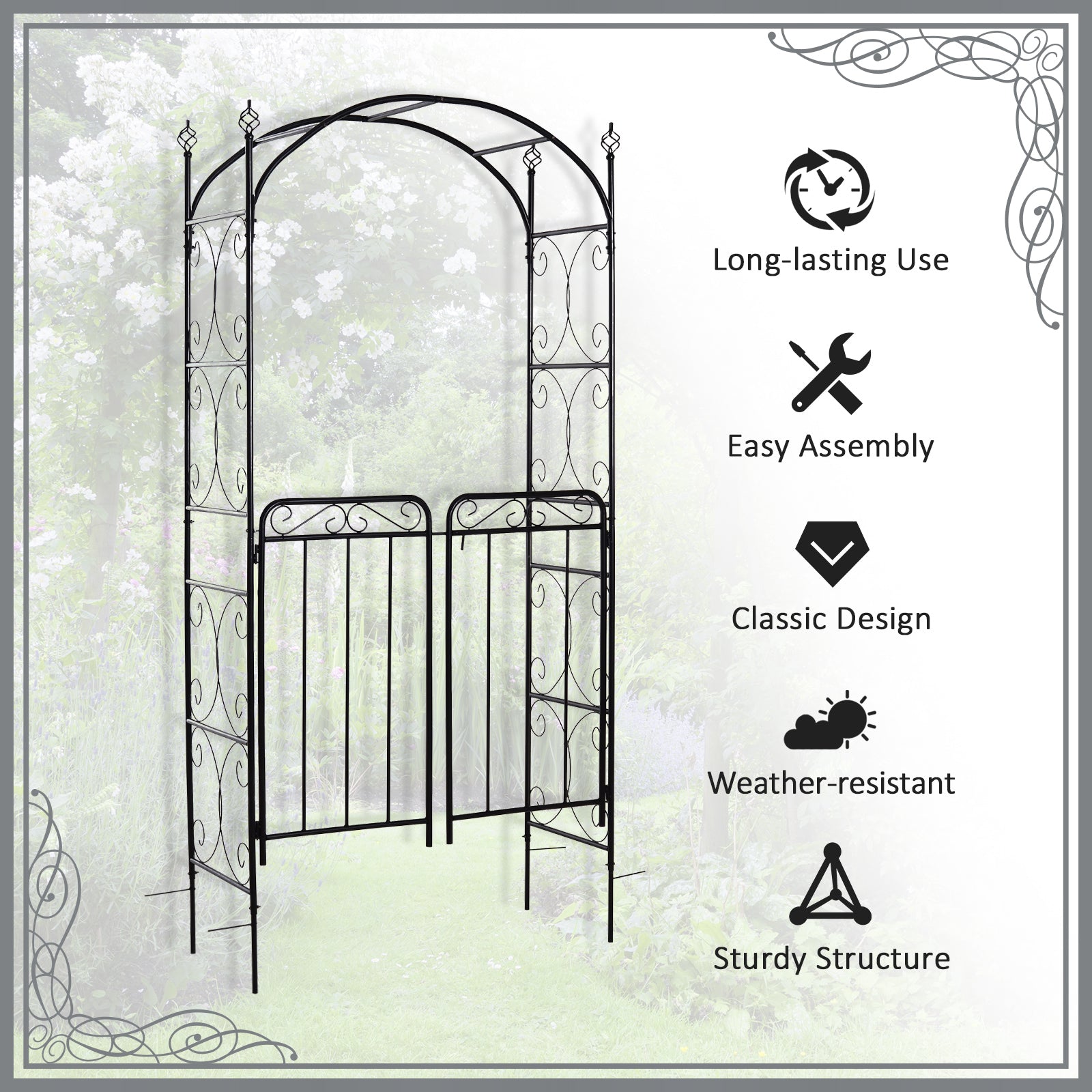 84" Garden Arch Arbor with Gate, Metal Arch Trellis, Garden Archway for Climbing Vines, Wedding Ceremony Decoration, Flourishes & Arrow Tips, Black - Matte Black - Image 5
