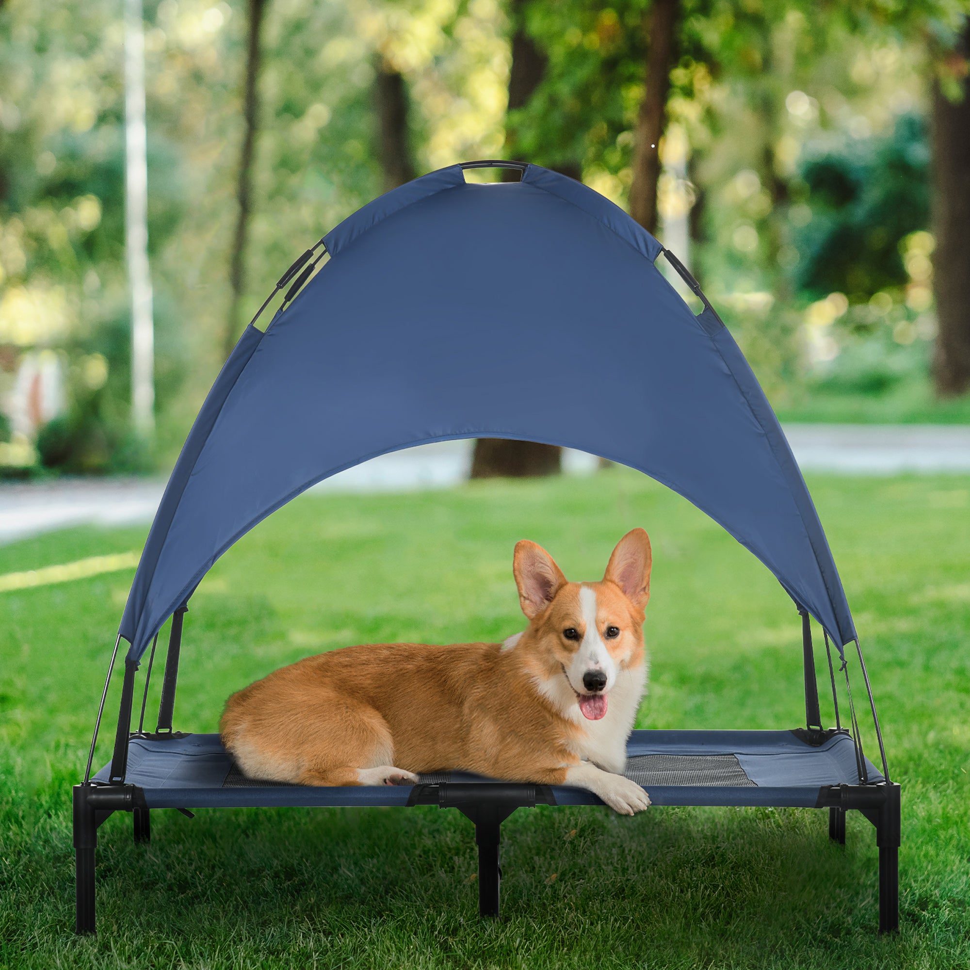 Elevated Portable Dog Cot Pet Bed with UV Protection Canopy Shade, 36 inch, Dark Blue - Blue - Image 2