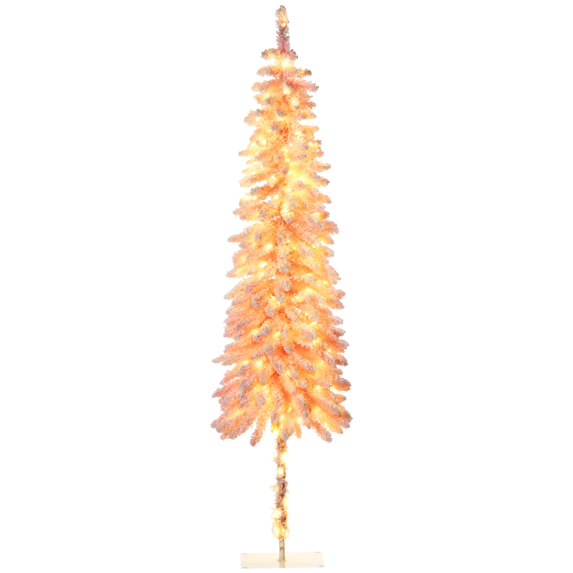 7' Flocked Christmas Trees, Pencil Prelit Artificial Christmas Tree with Snow Downswept Branches, Pink