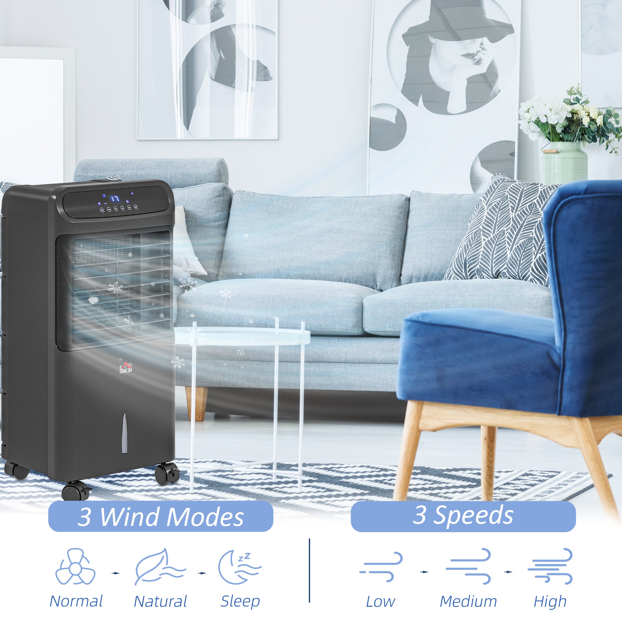 3-In-1 Ice Cooling Fan, Mobile Evaporative Air Cooler with Remote, Timer, Oscillating for Home Office, Bedroom, Black