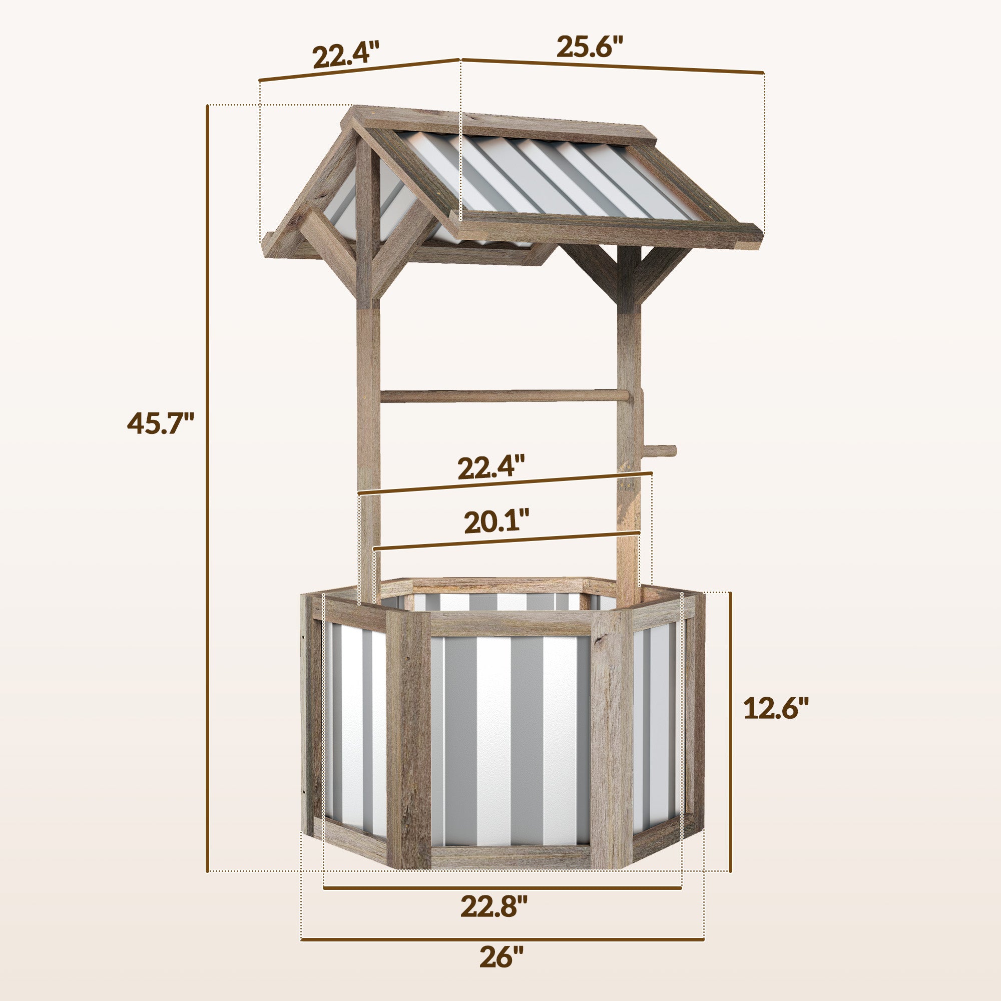 Wooden Wishing Well Planter, Raised Garden Bed with Galvanized Canopy, Hexagon Raised Flower Bed for Garden, Light Gray - Light Gray - Image 3