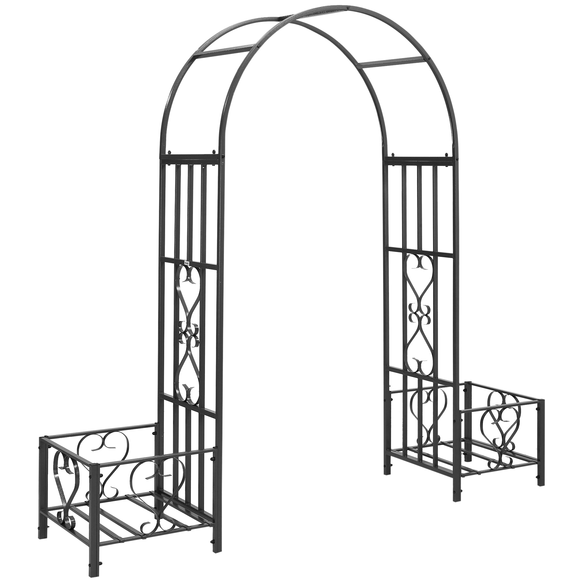 6.7' Steel Garden Arch Arbor with Scrollwork Hearts, Planter Boxes for Climbing Vines, Ceremony, Weddings, Party, Backyard, Lawn, Dark Gray - Dark Gray