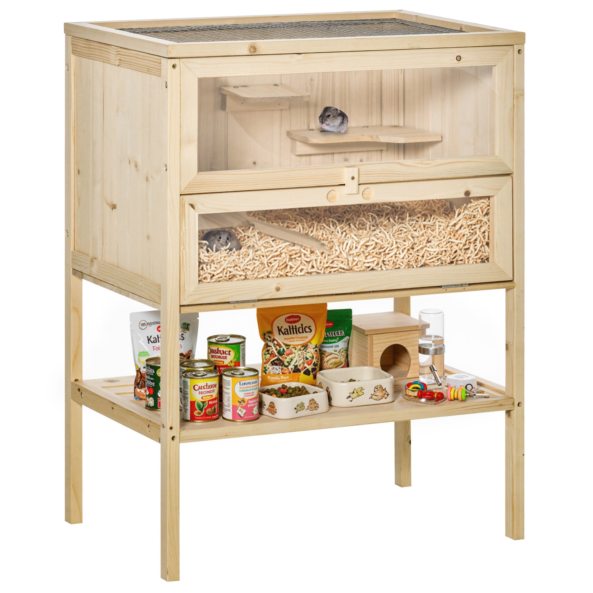 3-Tier Wooden Hamster Cage Mice and Rat Cage Small Animals Hutch with Openable Top, Front Door, Shelf, Natural Wood - Natural Wood