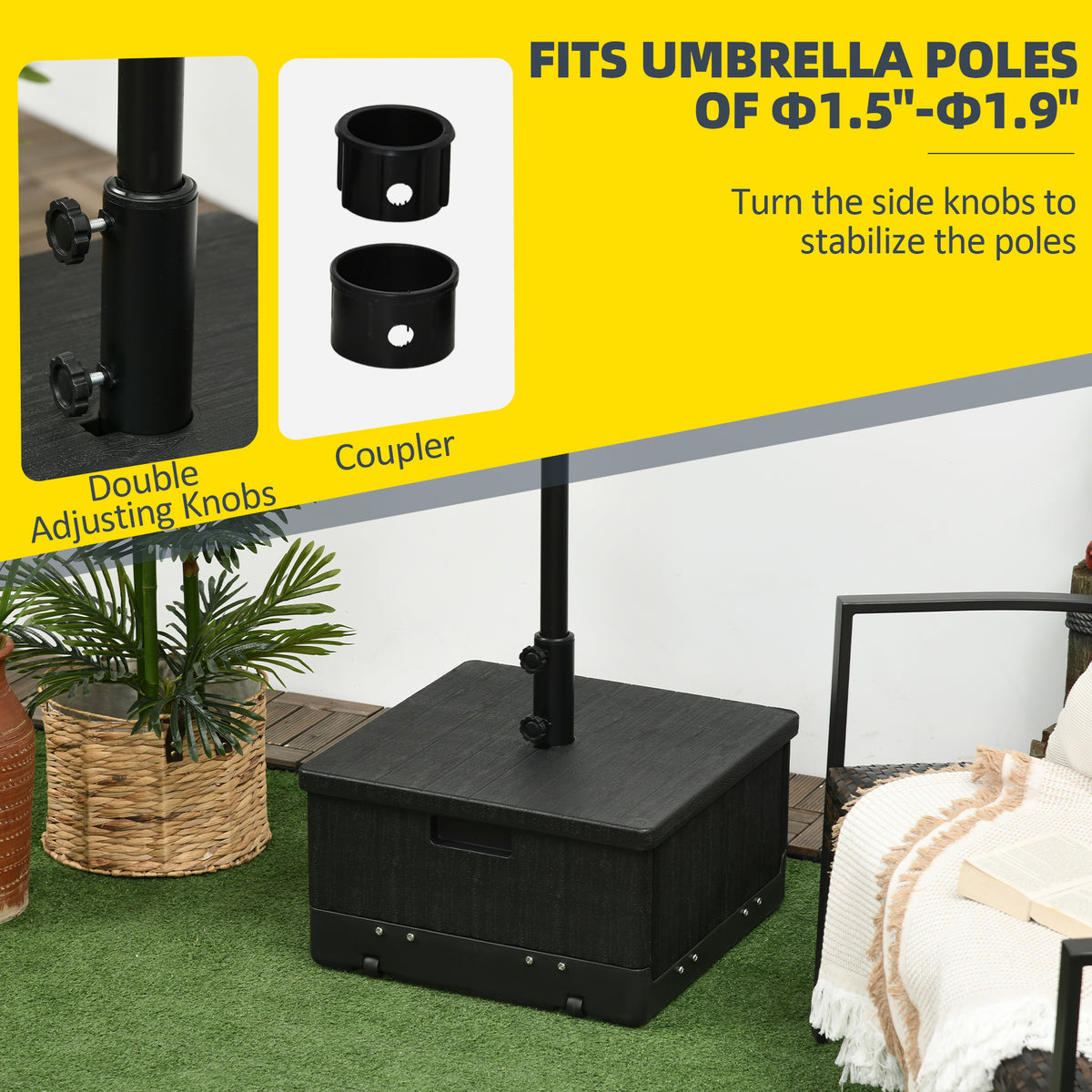 3-in-1 Outdoor Umbrella Base, Coffee End Table, Flower Box Planter, 175lbs Capacity Patio Umbrella Stand Table with Wheels and Handles, Black