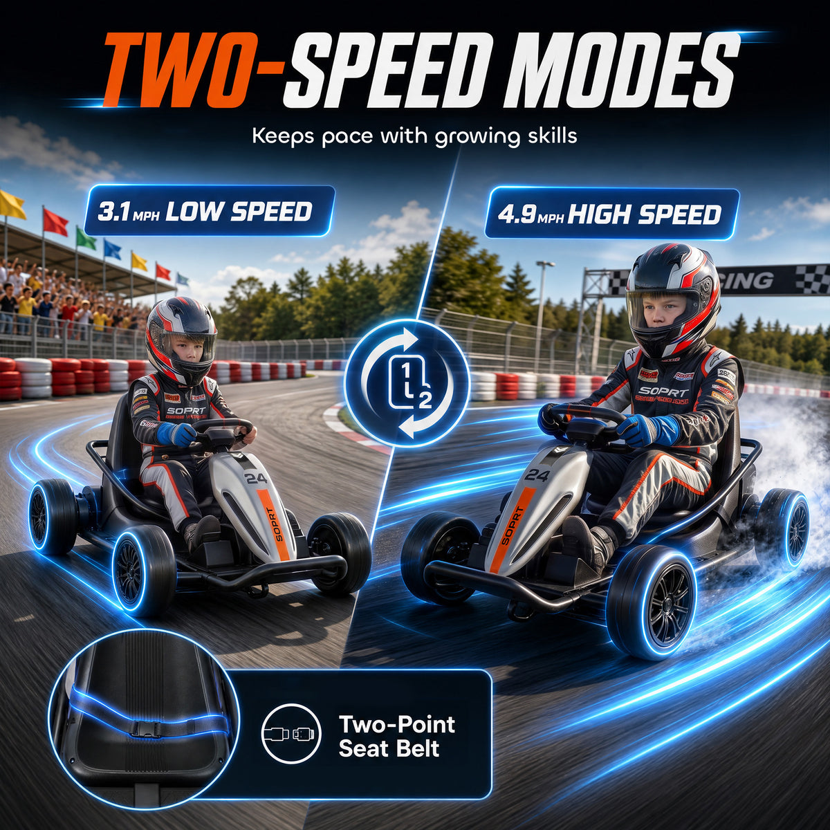 24V Electric Drift Go Kart for Kids with Dual Motors, Soft Start, PU Wheels, 7.5MPH High Speed, for Ages 6+, Gray