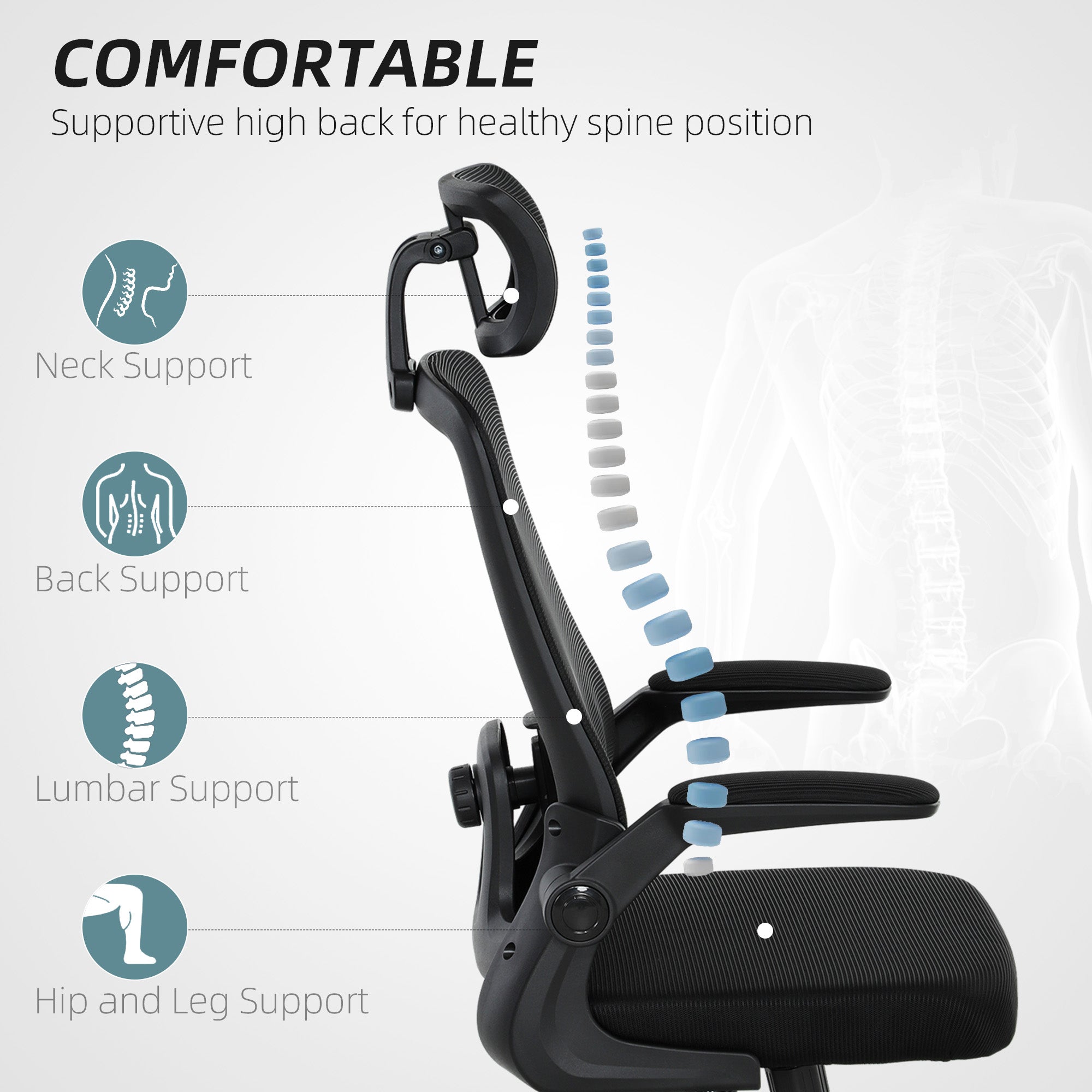 Mesh Office Chair, Ergonomic Desk Chair with Flip-up Armrest, Rotatable Headrest, Adjustable Lumbar Support, Black