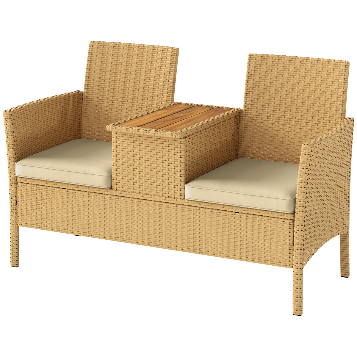 Patio Sofa Wicker Loveseat with Built-in Flip-Top Coffee Table and Cushions for Balcony, Garden, Lawn, Backyard, Khaki