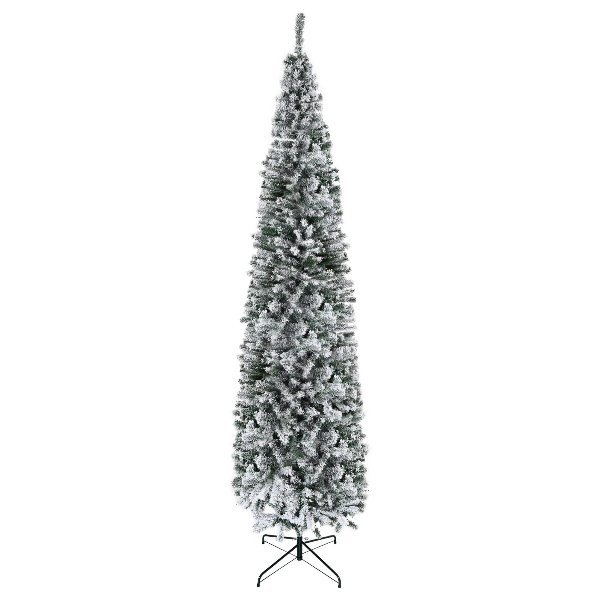 HOMOM 9ft Flocked Christmas Tree, Pencil Artificial Xmas Tree with Faux Snow, Dense Branches, Foldable Metal Base for Indoor Holiday Decor